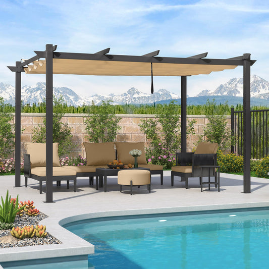 PURPLE LEAF Garten Pavillon Pergola 300 x 400 cm Aluminium, Pergola Wasserdicht Sonnendach mit Schiebedach, Garten-Pergola Mit Markisenschutz für Garten Terrasse, UV Beschattung, Beige