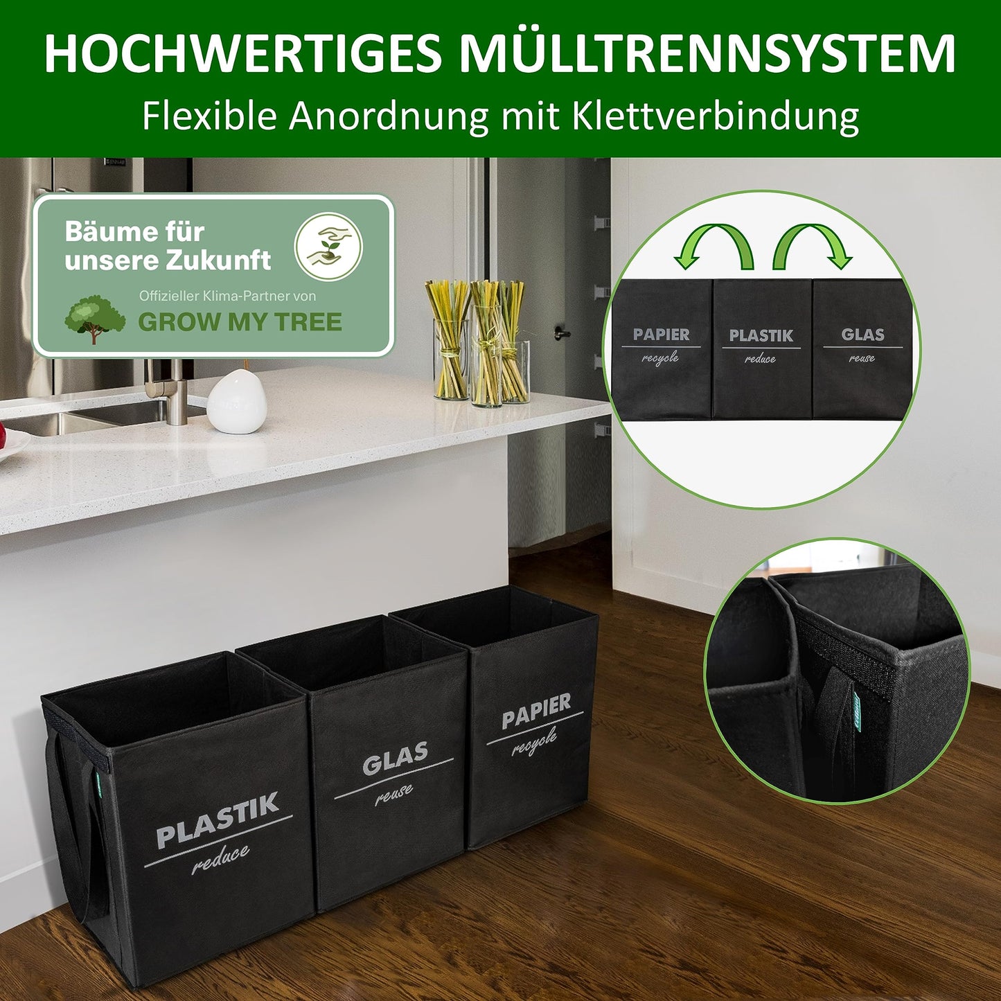 COTTARA® Mülltrennsystem 3fach faltbar mit 5fach Stabilisierung| Recycling Behälter aus robustem Material | Perfekt als Mülltrenner, Pfandflaschen Aufbewahrung, Recycling-System | Schwarz