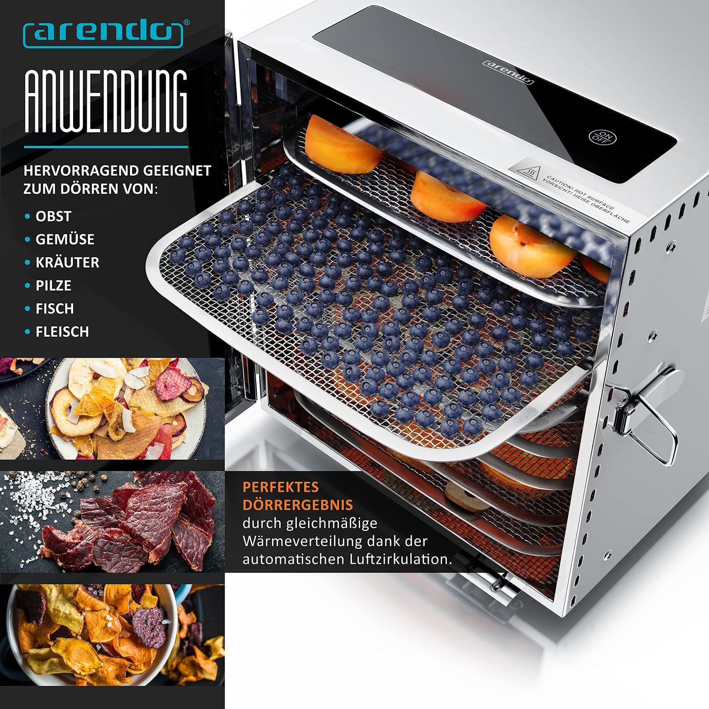 Arendo Edelstahl-Dörrgerät 8-Fach, 500W, mit Temperaturregelung und 24h-Timer, BPA-frei für Obst, Gemüse, Fleisch und Kräuter