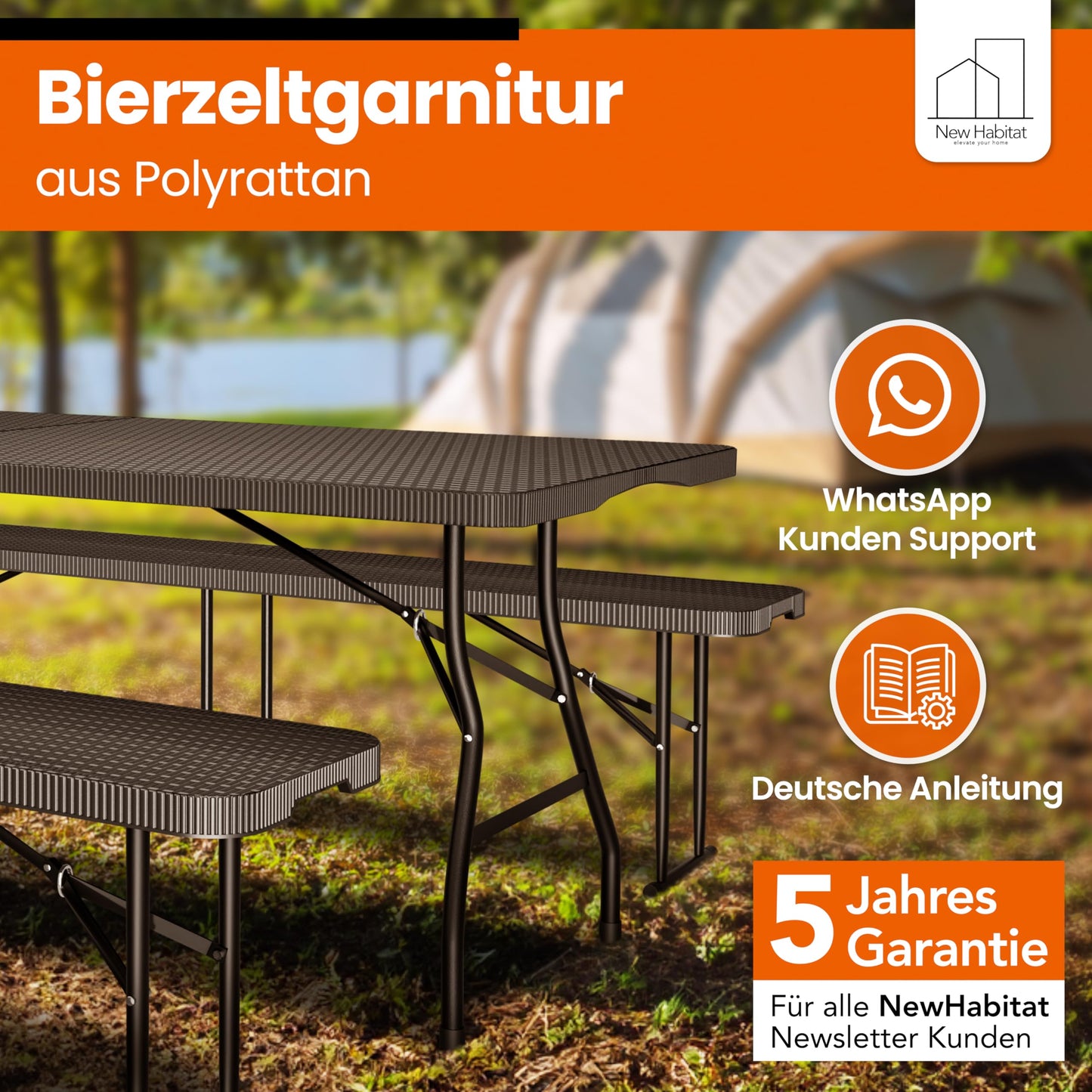 NewHabitat I Kunststoff Bierzeltgarnitur Klappbar I 3er Set, Tisch + 2 x Bank mit Tragegriffe, Biertischgarnitur, Festzeltgarnitur, Bierbank klappbar, HxBxT: 75x180x75 cm (Schwarz)