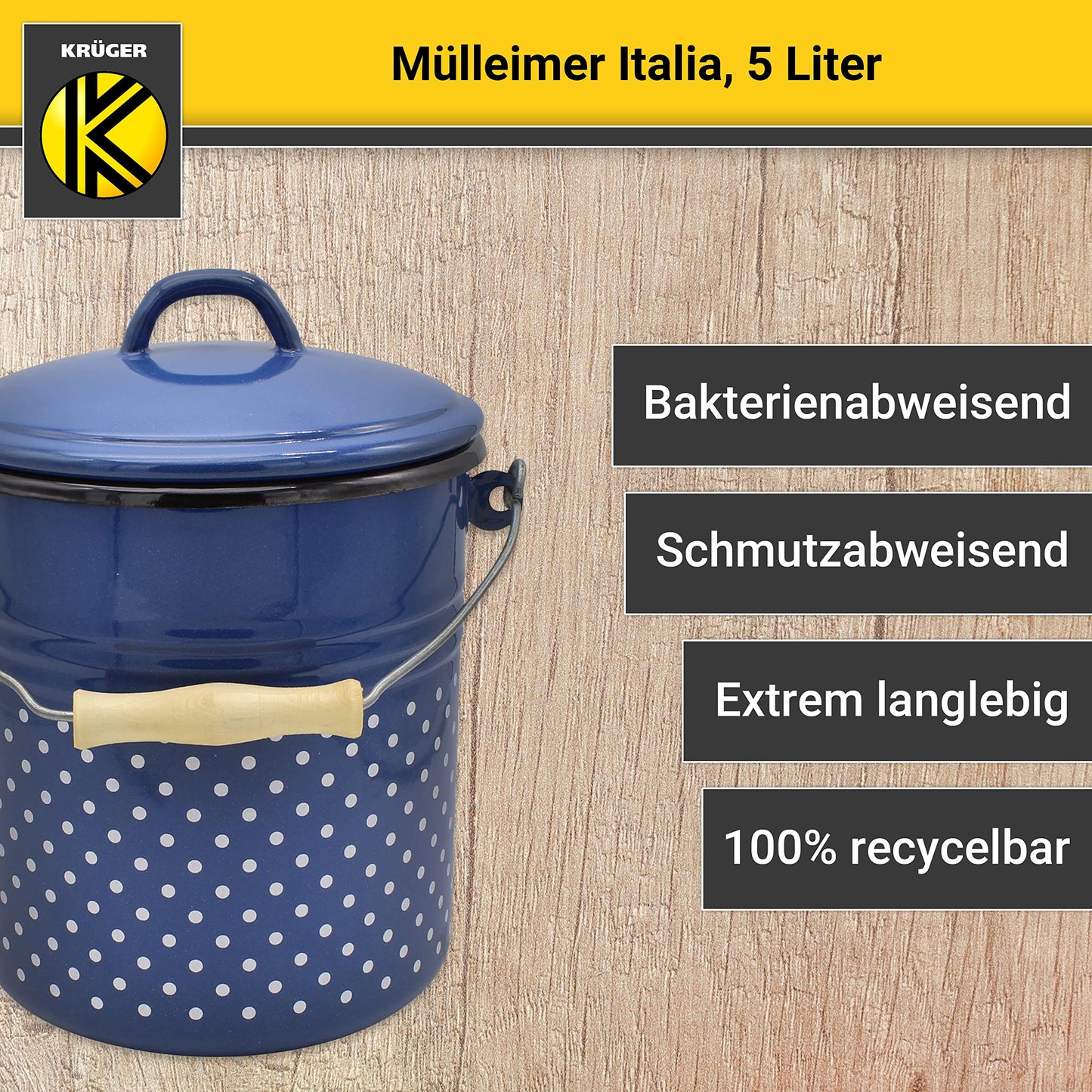 KRÜGER Mülleimer mit Deckel - Stahl Abfalleimer mit Emaille-Beschichtung und Holzgriff - schnitt- und kratzfeste Oberfläche - langlebig und vielseitig einsetzbar (5 Liter, Italia)