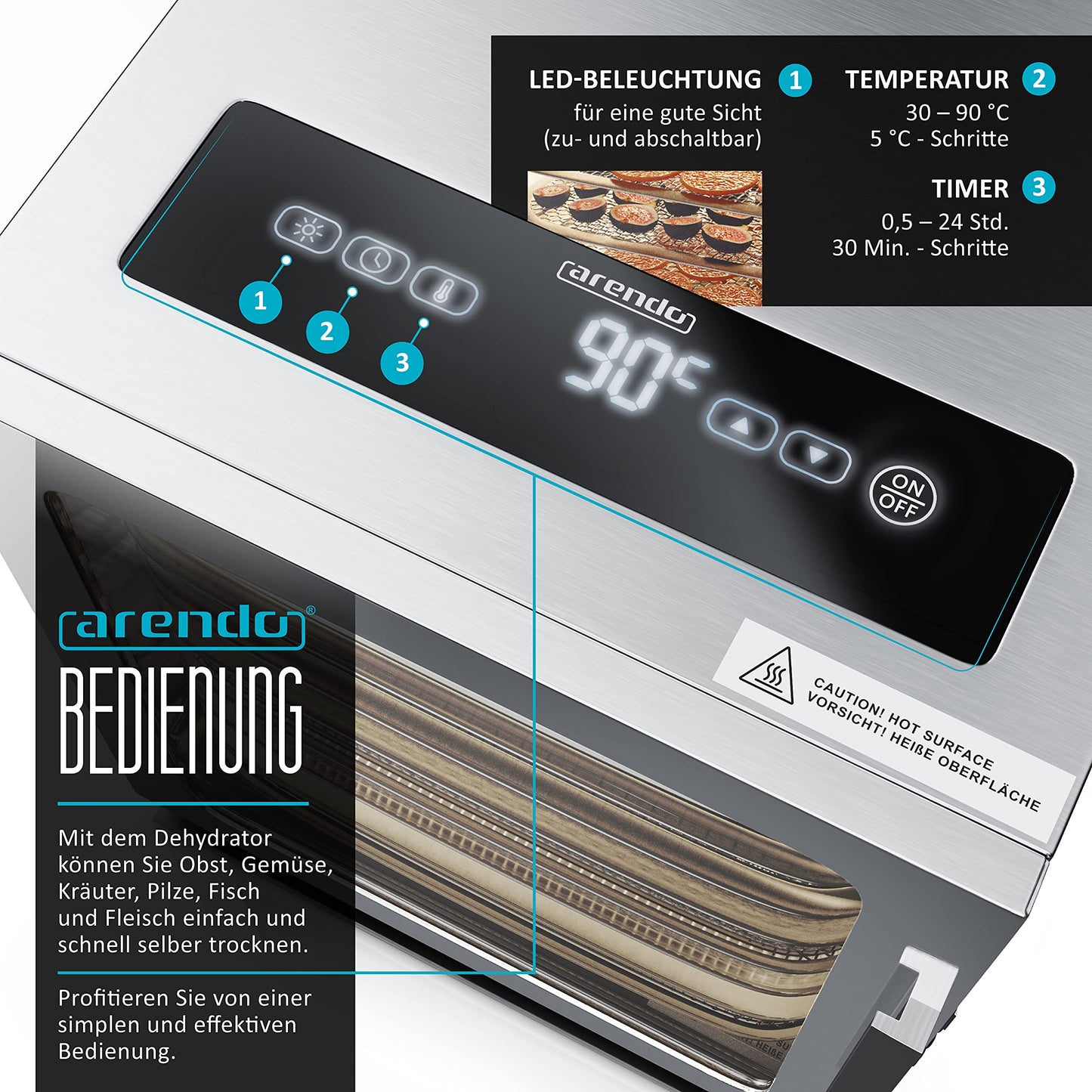 Arendo Edelstahl-Dörrgerät 8-Fach, 500W, mit Temperaturregelung und 24h-Timer, BPA-frei für Obst, Gemüse, Fleisch und Kräuter