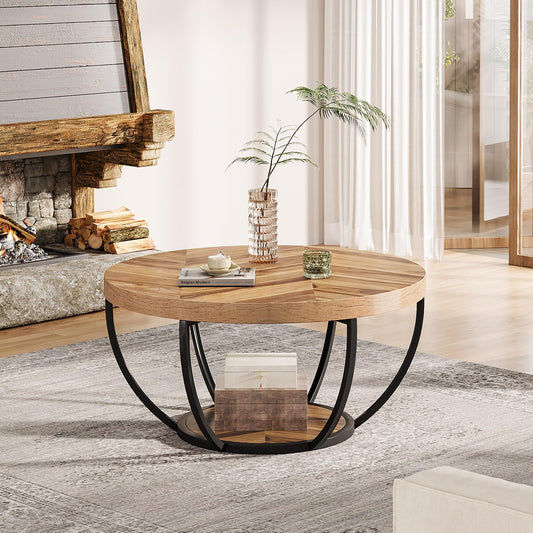 Tribesigns Runde Couchtisch, Industrial 2-Tier-Kreis Couchtisch mit Lagerung Regale, Moderne hölzerne Akzent Mitte Tisch Sofa Beistelltisch für Wohnzimmer, Home Office