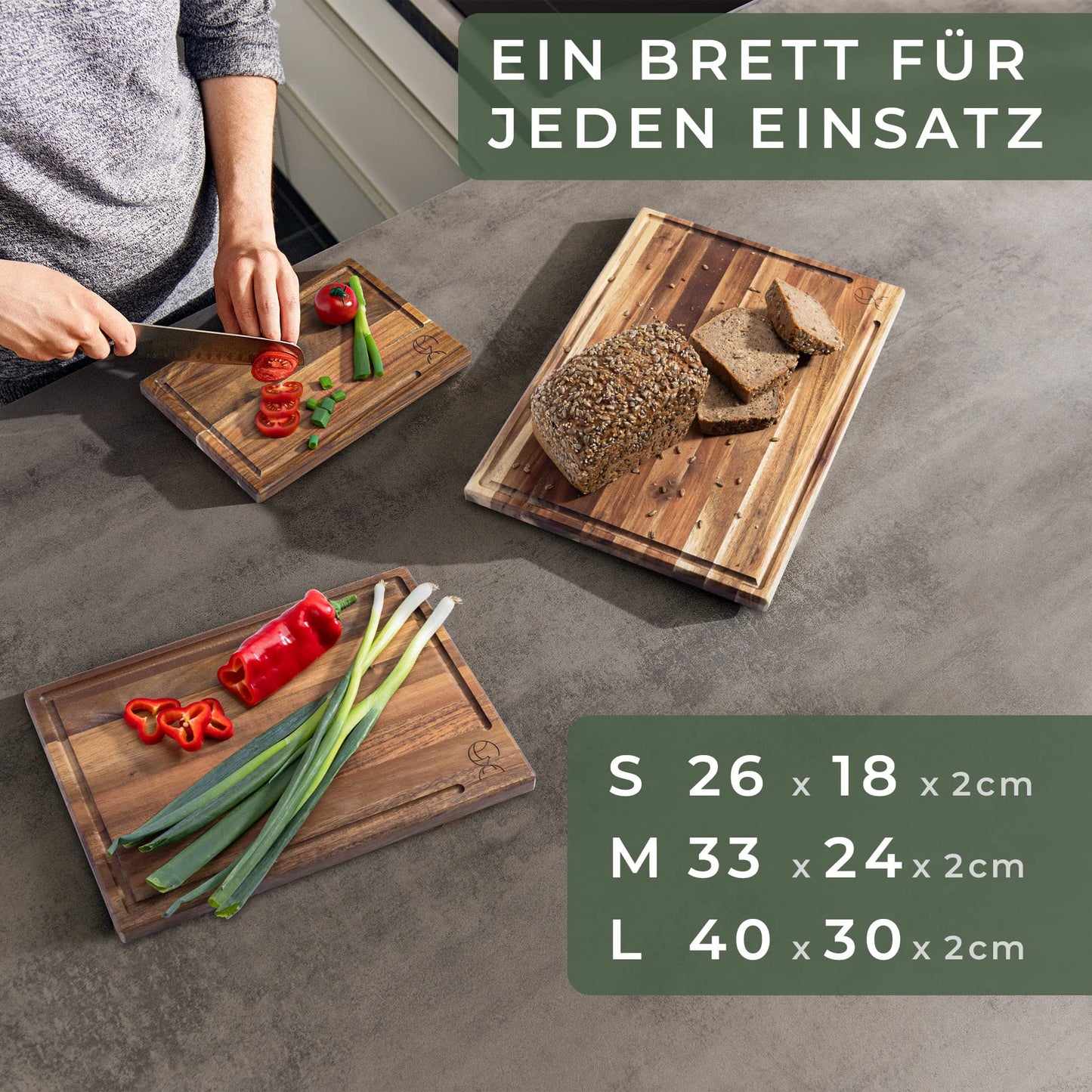 WALDWERK Schneidebrett 3er Set (40x30 / 33x24 / 26x18cm) aus massiver Akazie - Schneidebretter mit Brettständer - 2cm dicke Holzbretter mit Saftrille - Design Schneidebrett Set