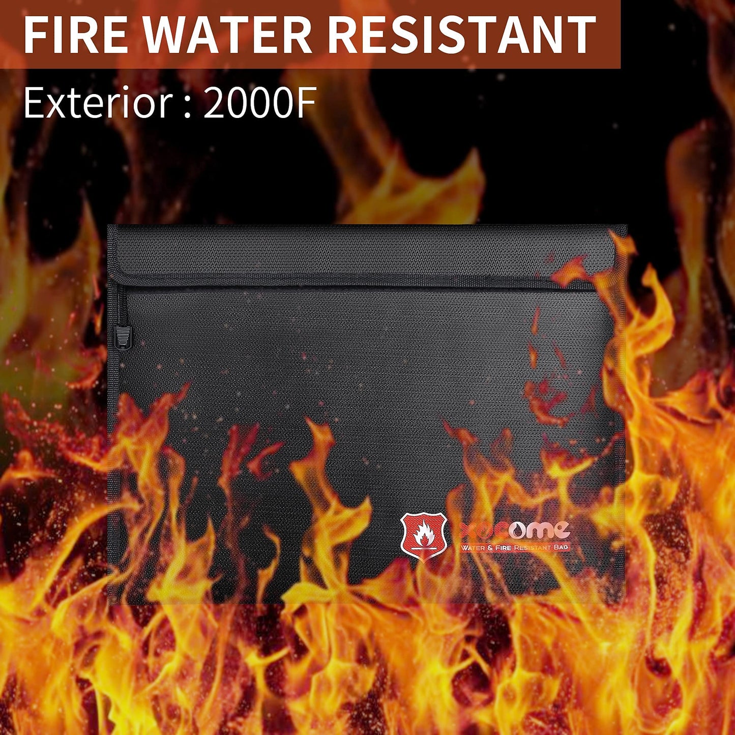 xocome 2 Stück Feuerfeste und wasserdichte Tasche(38x28cm, 23x17.5cm) Zweilagigen Glasfasermaterial, Feuersichere wasserdichte Aktentasche für A4 Dokumente, Passport Bankdatei Geld Wertsachen(Schwarz)