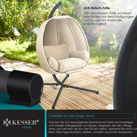 KESSER® Luxe Hängesessel mit Gestell + weicher Sitzkissen, Seitenpolsterung, Sitz- und Rückenkissen Hängekorb Indoor & Outdoor, Garten Schaukel Korb Hängestuhl Stabiler Standfuß, max. 150 kg Beige