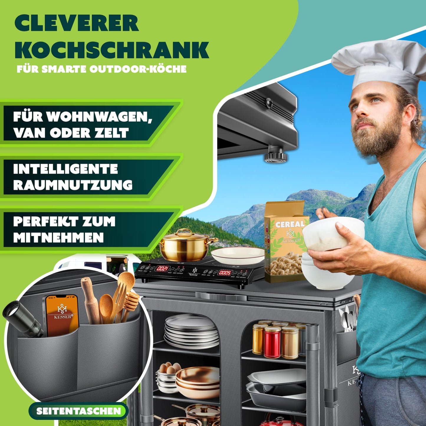 KESSER Faltbare Campingküche – 84 x 80 cm mit Aluminiumgestell, 6 Fächern & Trinkbecherset