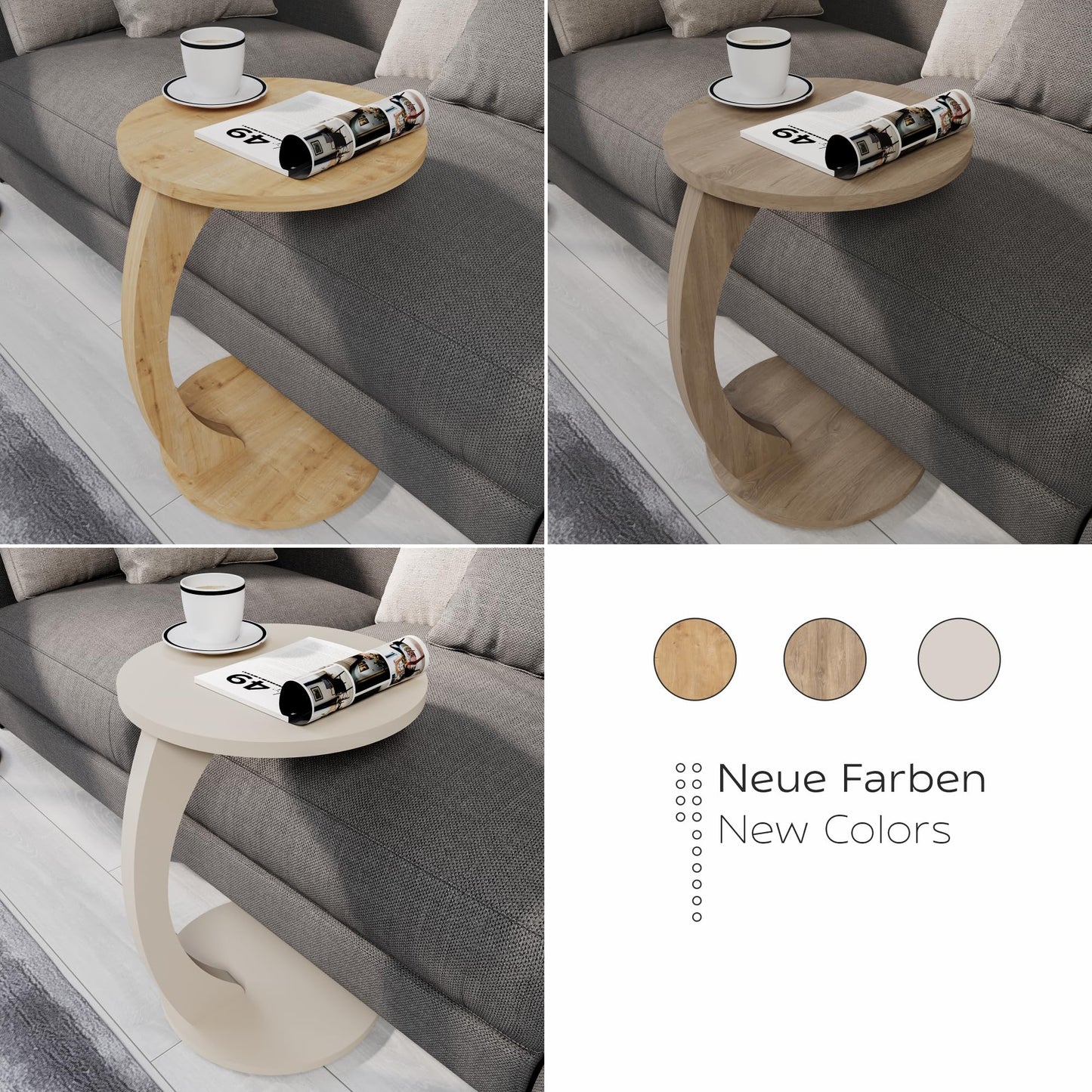 sugodesign Couchtisch mit Rollen, Kleiner Beistelltisch C Form, stylischer Sofatisch in schöner Eiche-Optik, runder Tisch als Ablagefläche für Couch und Sofa