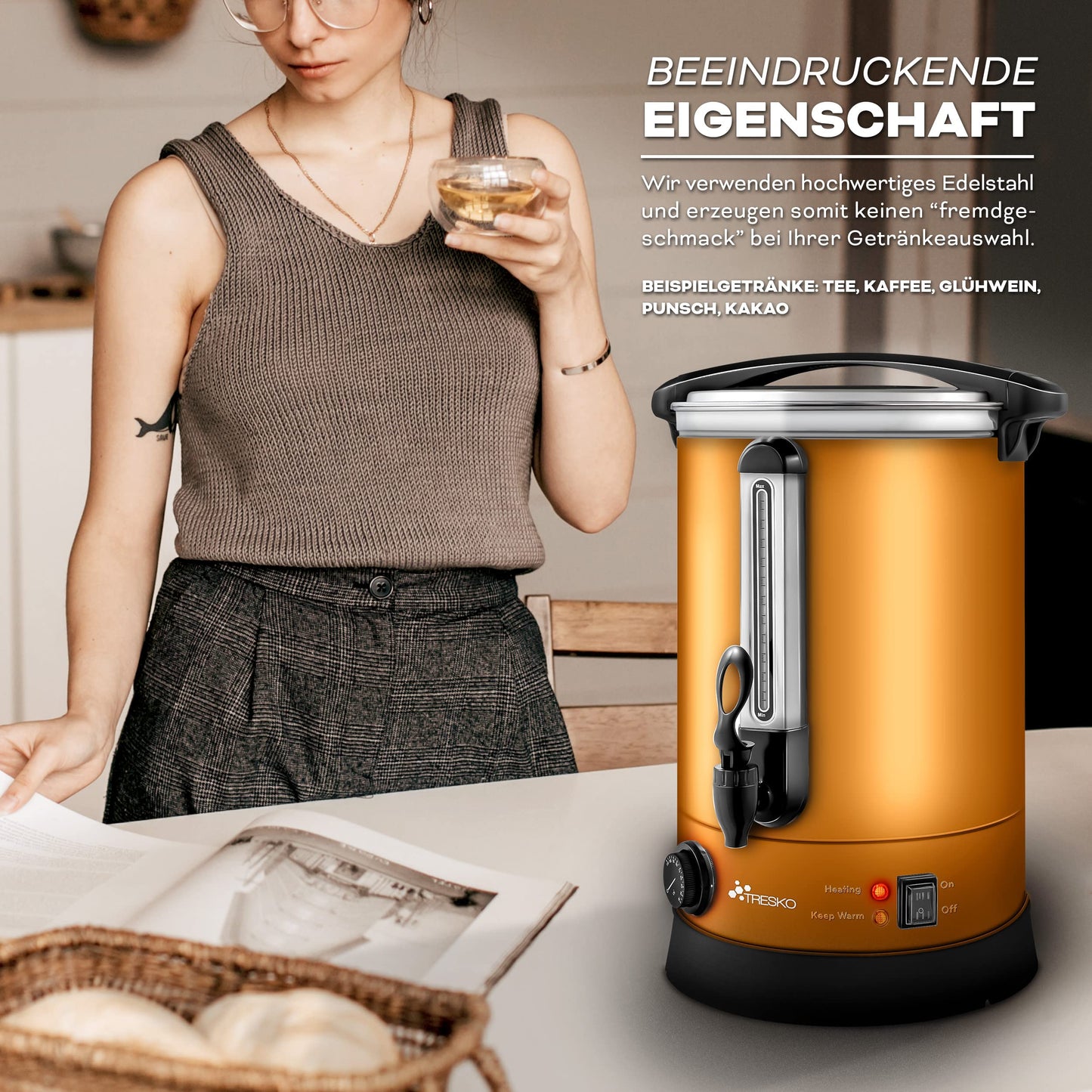 TRESKO® Glühweinkocher 10L / 1500W Einkochautomat aus Edelstahl Glühweinkessel Glühweinautomat Heißgetränkeautomat Heißwasserspender