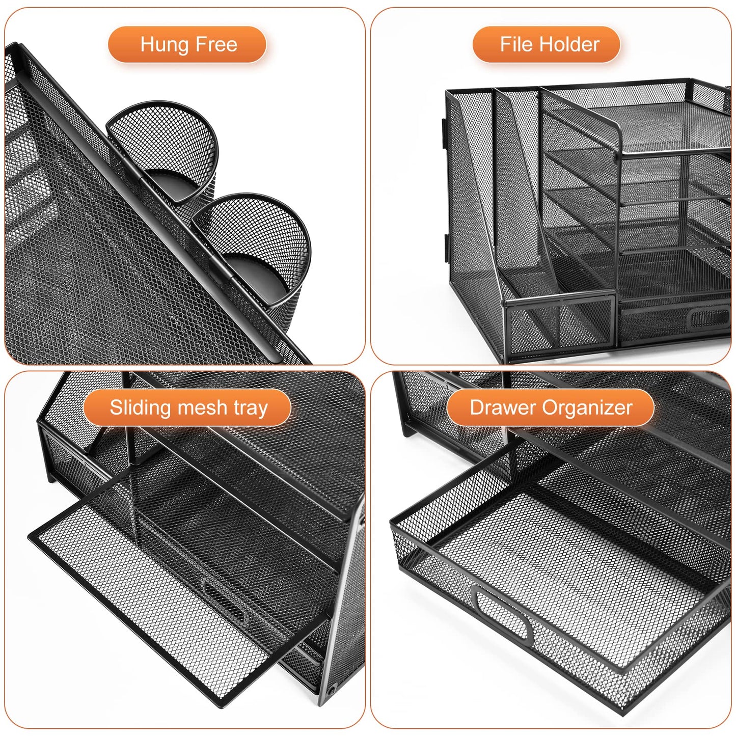 Marbrasse Schreibtisch Organizer mit Aktenhalter,5Tier Briefablage Ablagefächer mit Schublade,2 Stifthalter, Netz Schreibtisch Ablage Zeitschriftenhalter für Büro Bedarf Dokumentenablage(Schwarz)