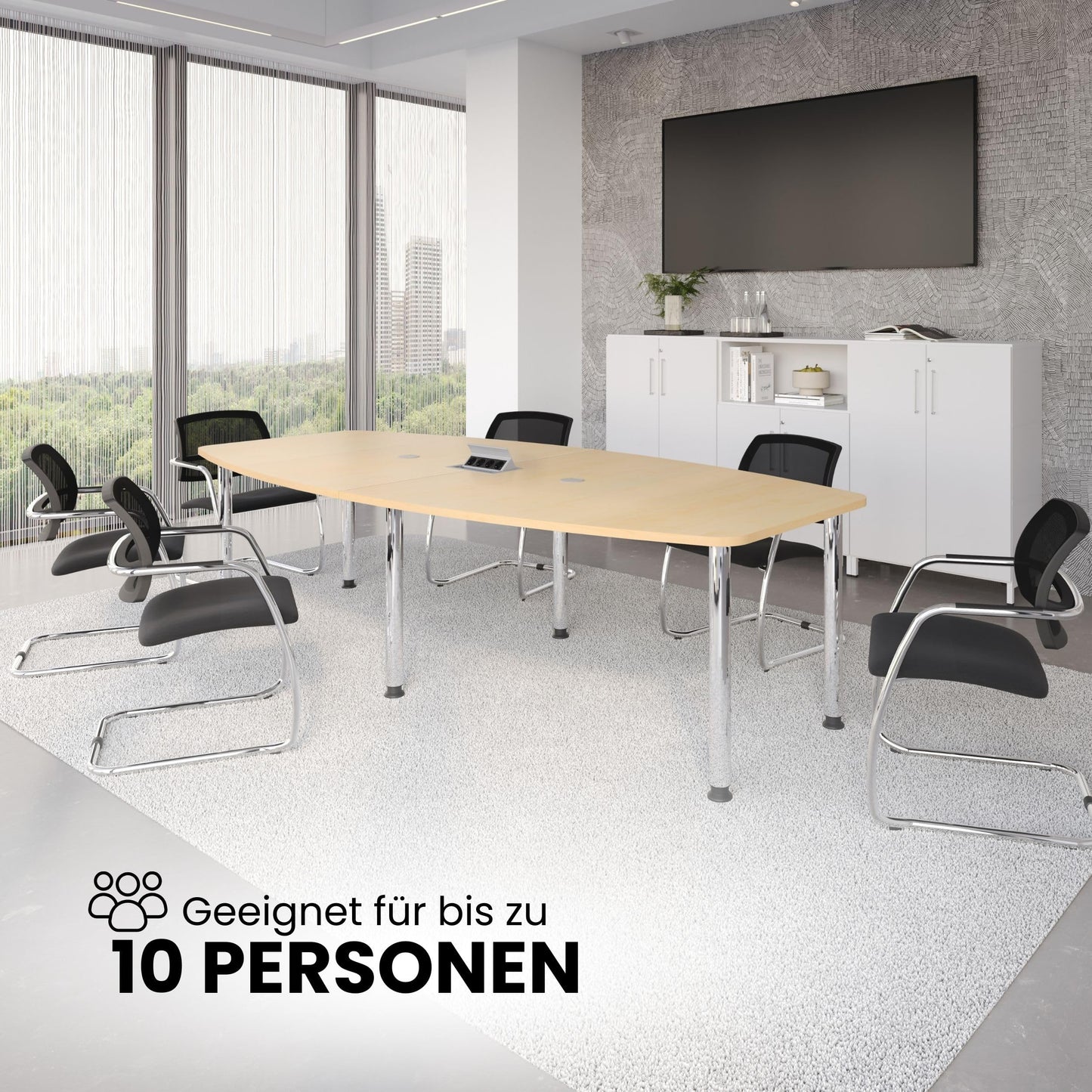 Bümö Konferenztisch oval 280x130 cm großer Besprechungstisch in grau, Besprechungstisch mit Chromfüßen, Meetingtisch für 10 Personen, XXL-Tisch für Besprechungsraum & Meeting