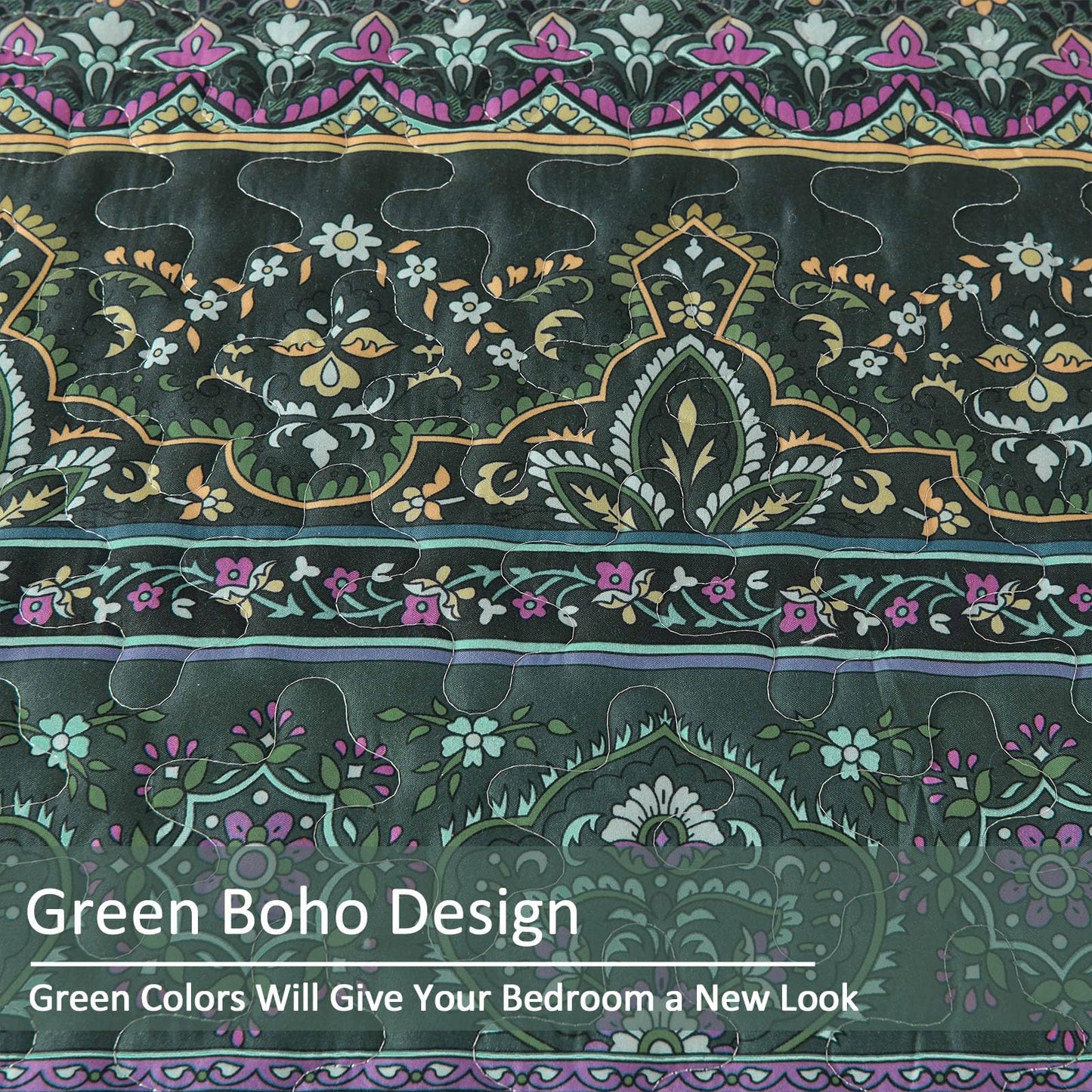 WONGS BEDDING Tagesdecke 220x240 Bettüberwurf Boho Decke Steppdecke 3 Teilig Doppelbett Gesteppt Bettdecke Mikrofaser Wohndecke mit 2 Kissenbezug 50x75 für Schlafzimmer als Sofaüberwurf (Grün)