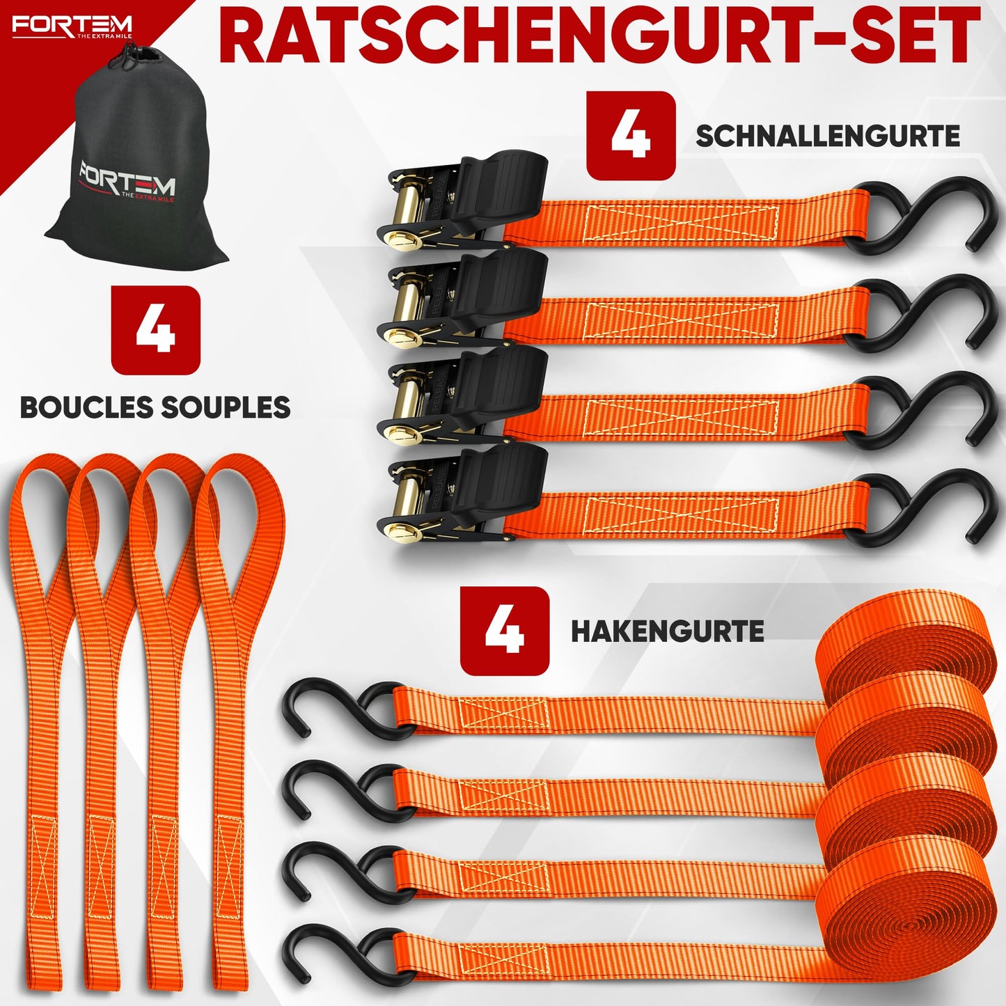 FORTEM Spanngurte, 748 kg Bruchfestigkeit, 4 x 4,57 m Spanngurte mit Ratsche - 4 Weiche Zurrschlaufen, Zurrgurte Spanngurte mit Haken aus Beschichtetem Metall - Gummigriffe - Tasche (Orange)