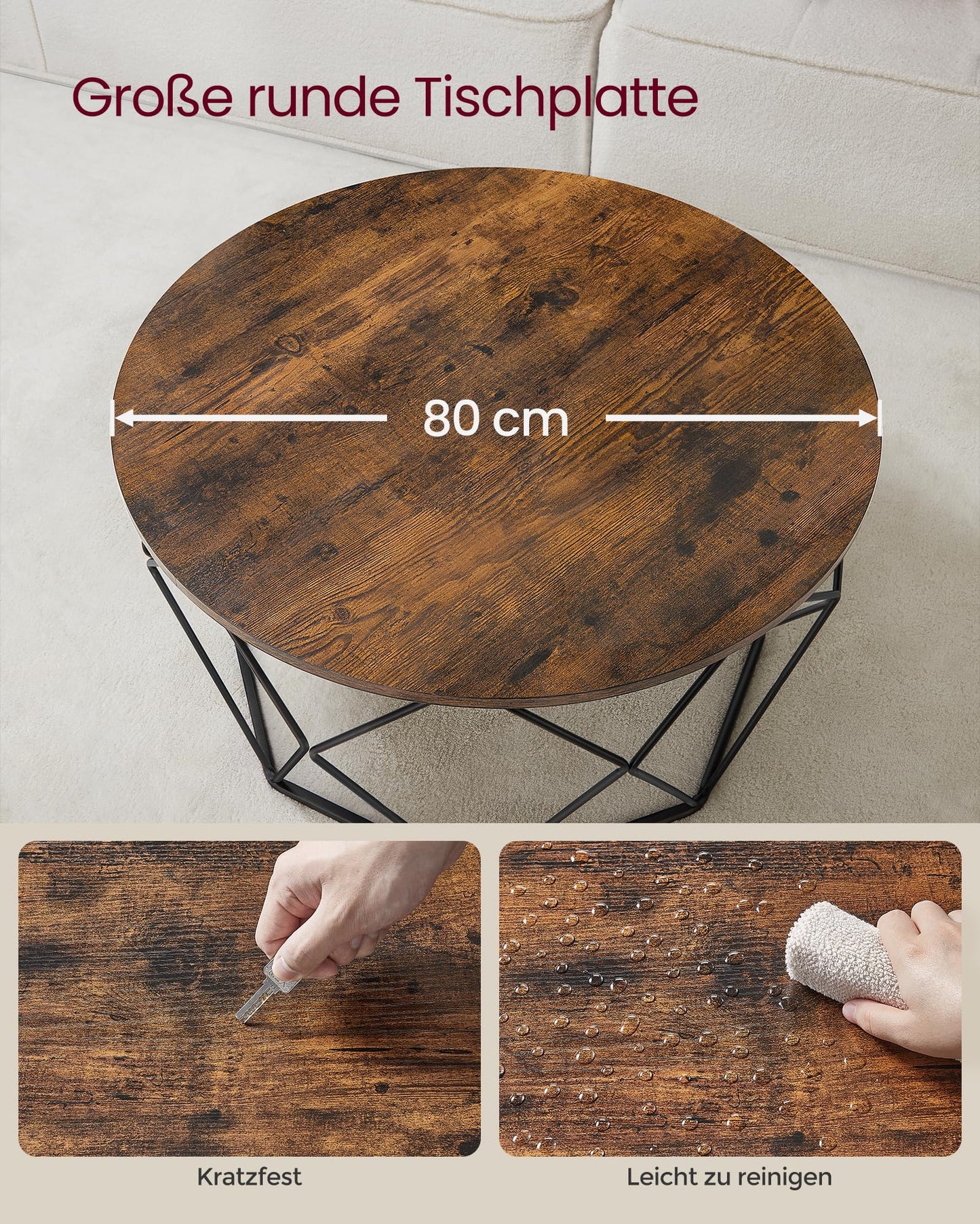 VASAGLE Runder Couchtisch, Braun, Industrie-Design, Beistelltisch mit Stahlgestell und Aufbewahrung, für Wohnzimmer und Schlafzimmer