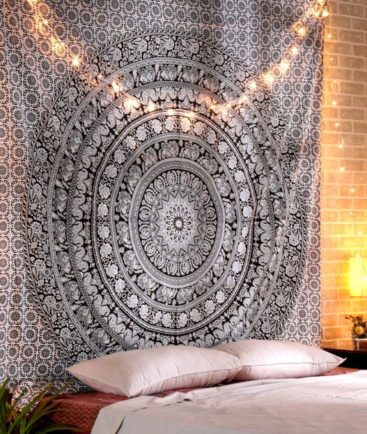 RAJRANG Baumwolle Elefant Mandala Tapisserie Wandbehang Deko Schwarz Weiß 230x213 cm