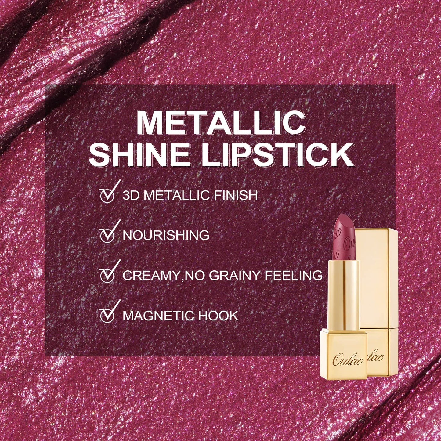 OULAC Lippenstift Metallic Glanz Finish, Rot Farbtöne, Hochpigmentierter, Kein Körniges Gefühl, Langlebig, Feuchtigkeitsspendende Formel, Vegan, 4.3g, (03) Love Particle