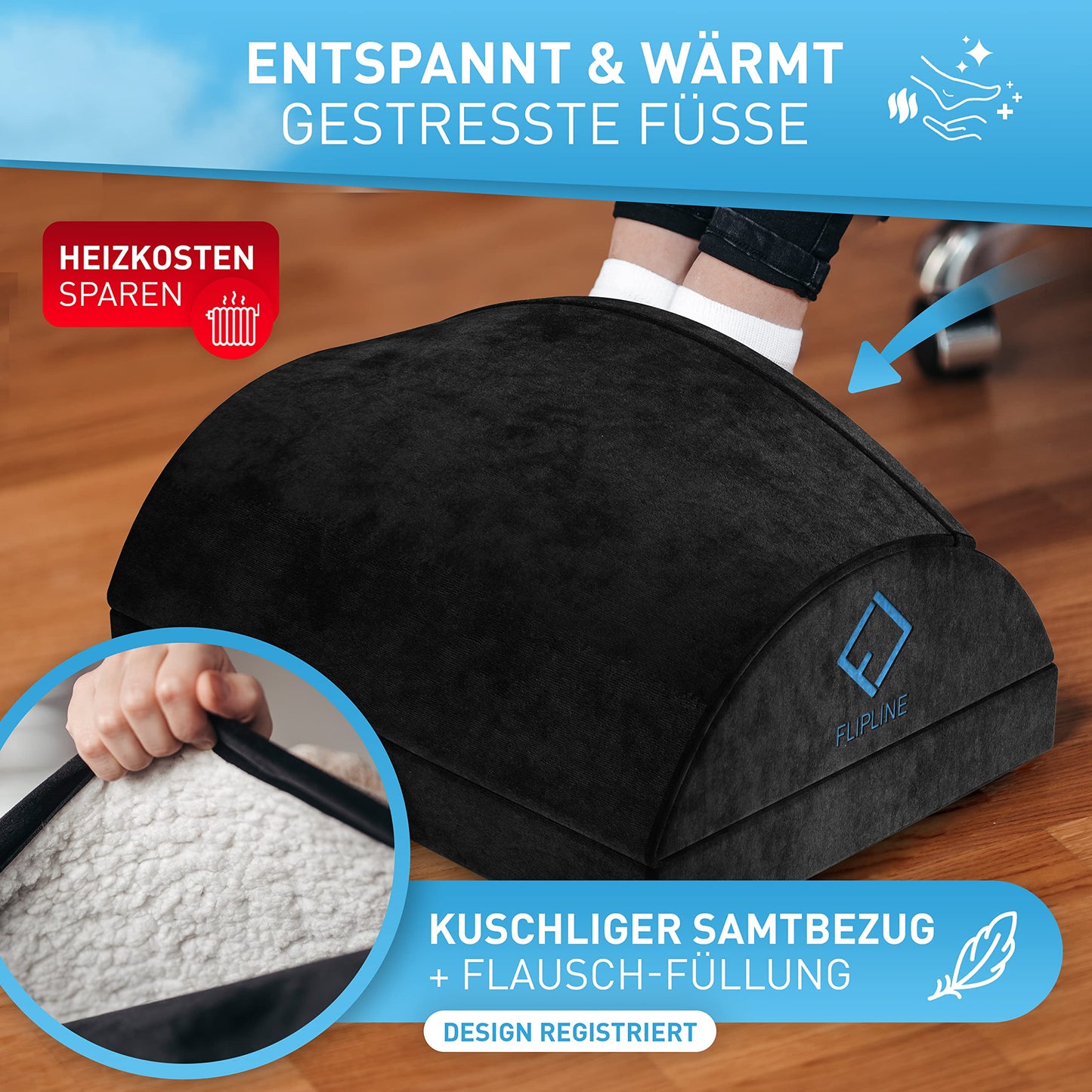 FLIPLINE Fußstütze Schreibtisch - [TEST SEHR GUT] - Höhenverstellbare Fußbank [rutschfest] - mit Flauschfaser Fußtasche - für Schreibtisch Büro Homeoffice Zubehör - Fußkissen Footrest Fußhocker