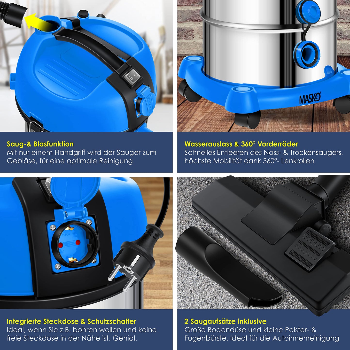 MASKO® Industriestaubsauger Staubsauger Nass Trocken Sauger Edelstahl 2300W + Steckdose | Blasfunktion | Push&Clean | Industrie-Sauger mit & ohne Beutel | beutellos Blau