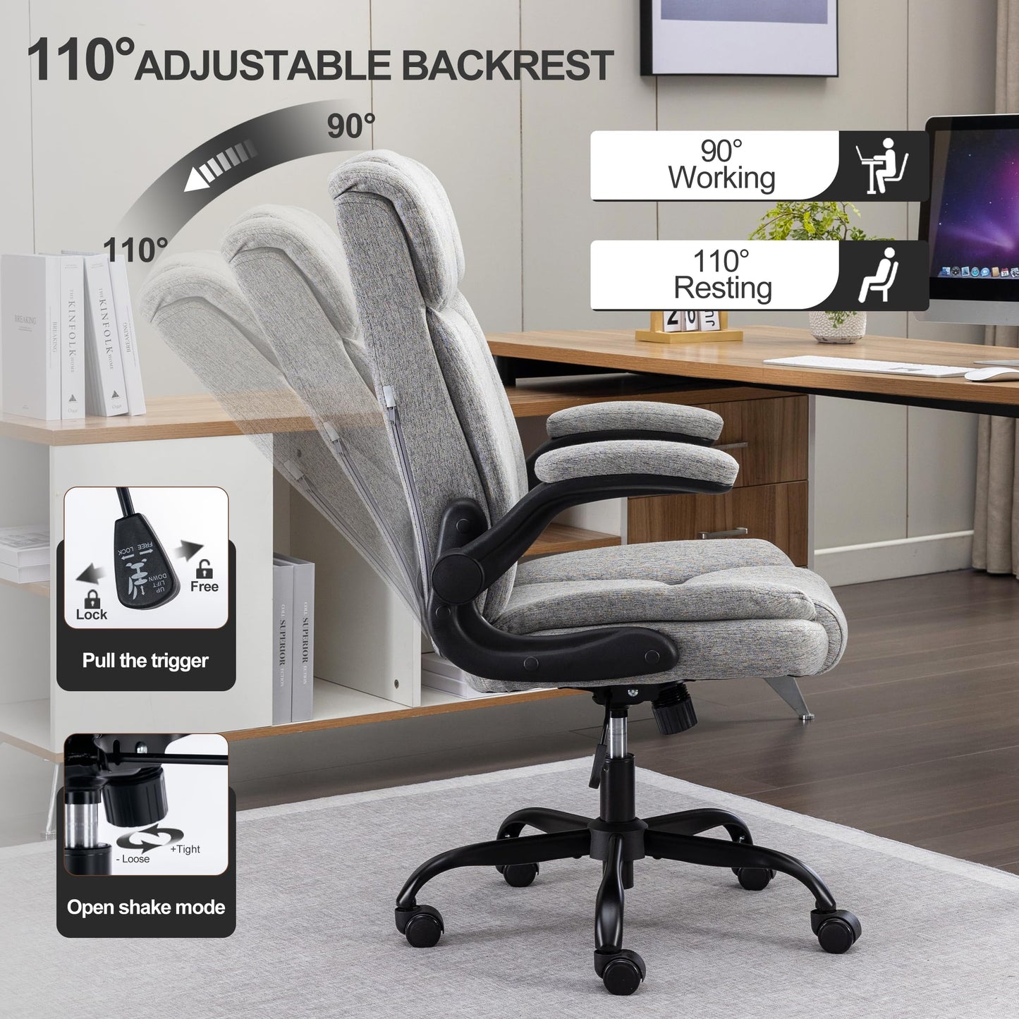 LIYURUI Bürostuhl Ergonomischer 150KG Belastbarkeit Chefsessel Stoff Flip-up Armlehnen/110° Schaukeln Chefsessel mit Hoher Rückenlehne und Breitem Sitz Schreibtischstuhl, Grau