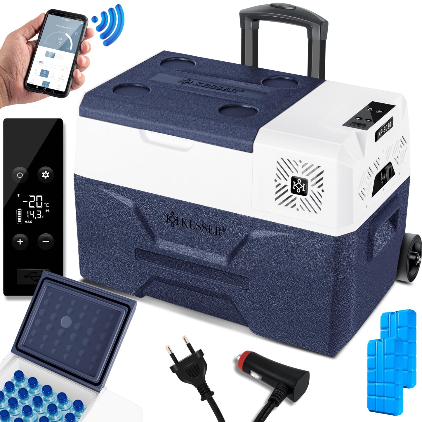 KESSER® Kompressor Kühlbox elektrisch Gefrierbox, 30 Liter Mit APP-Steuerung USB-Anschluss 12/24 V 230V, +Teleskopstange, 2x Kühlakkus Räder Kühlschrank Kühlung bis -20 °C für Auto, Lkw, Boot