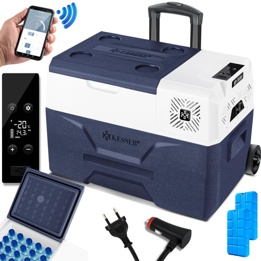 KESSER® Kompressor Kühlbox elektrisch Gefrierbox, 30 Liter Mit APP-Steuerung USB-Anschluss 12/24 V 230V, +Teleskopstange, 2x Kühlakkus Räder Kühlschrank Kühlung bis -20 °C für Auto, Lkw, Boot
