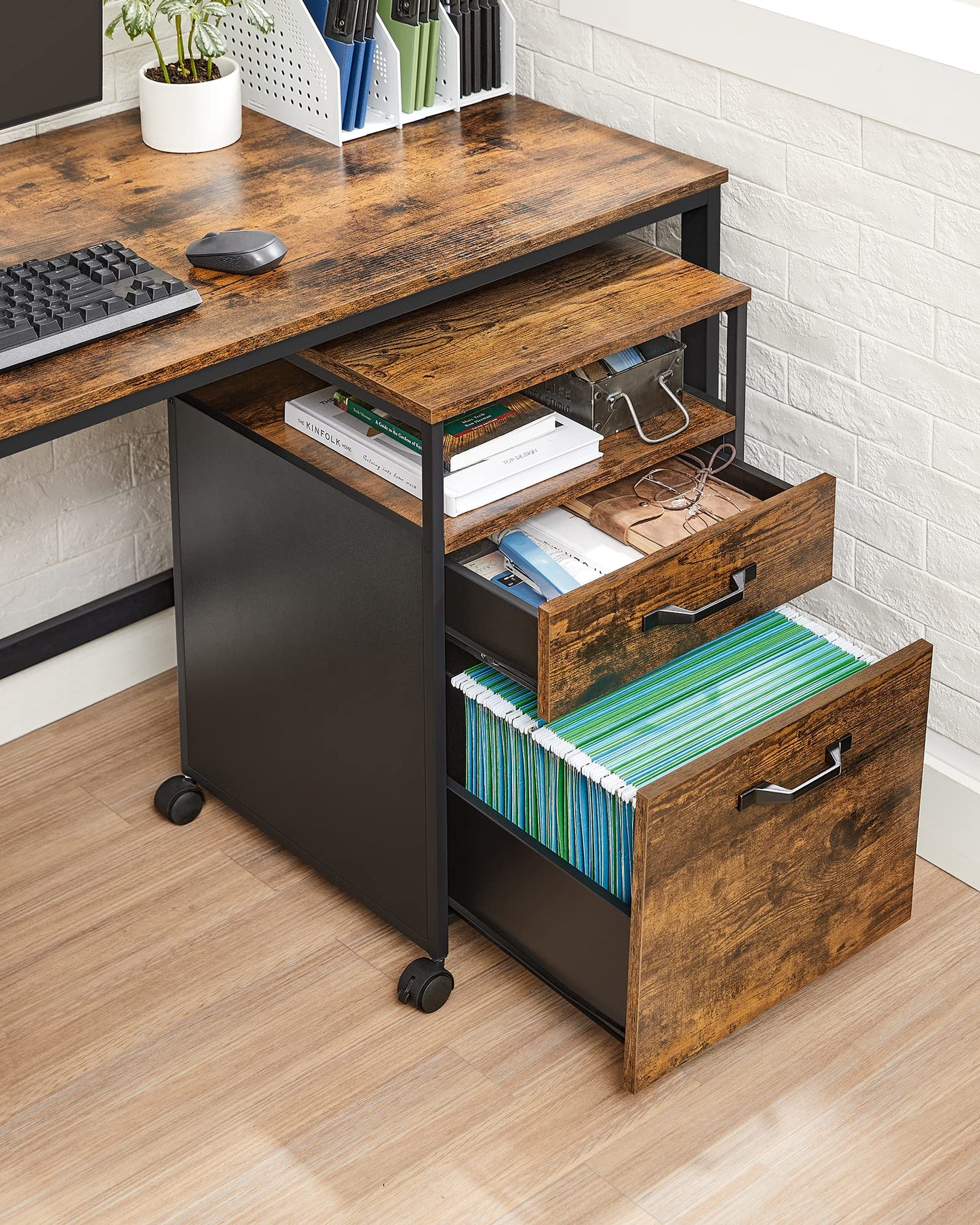 VASAGLE Rollcontainer, Aktenschrank mit 2 Schubladen, mobiler Büroschrank mit Rädern, offenes Fach, Hängeregistratur, Stahlgestell, Industrie-Design, vintagebraun-tintenschwarz OFC71X