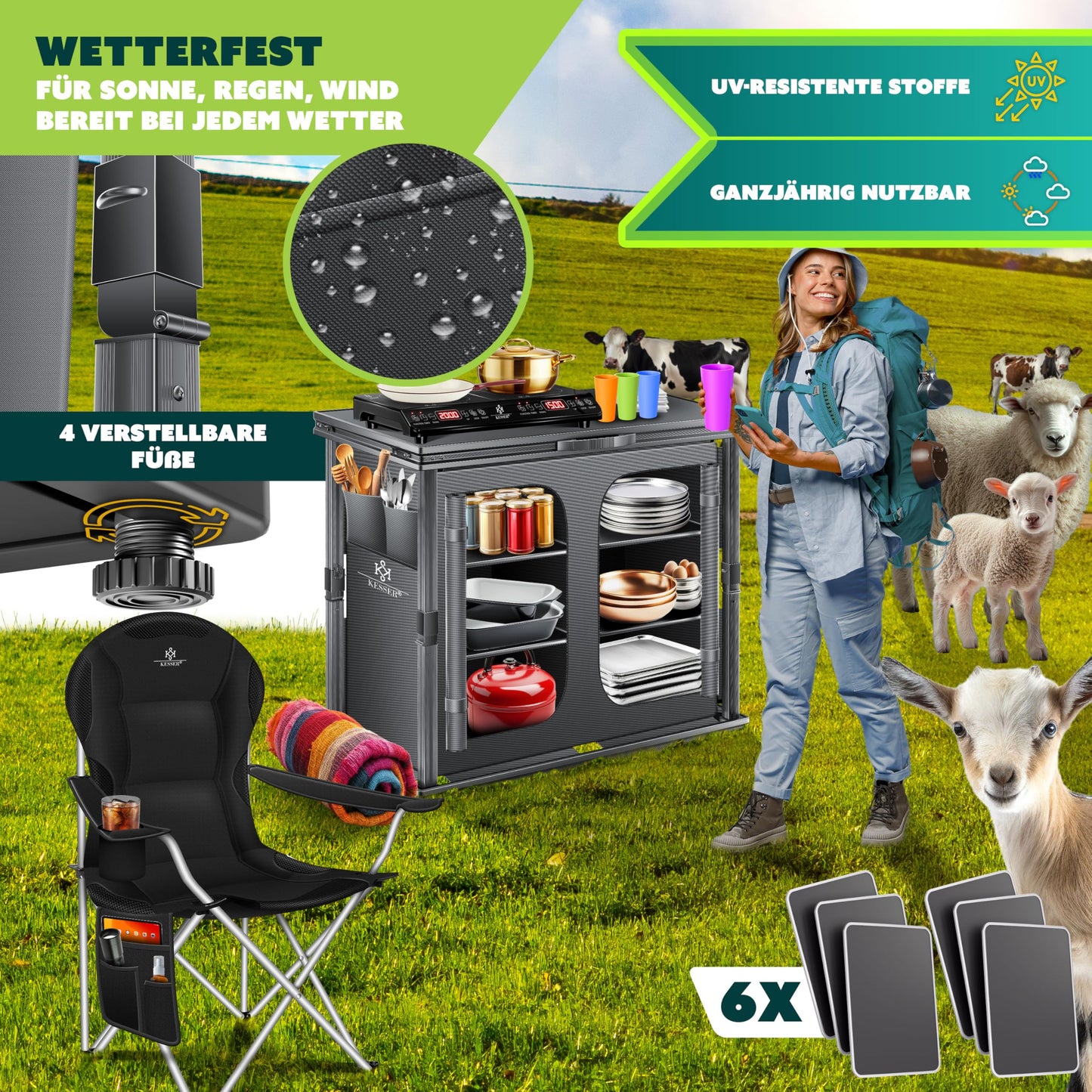 KESSER Faltbare Campingküche – 84 x 80 cm mit Aluminiumgestell, 6 Fächern & Trinkbecherset