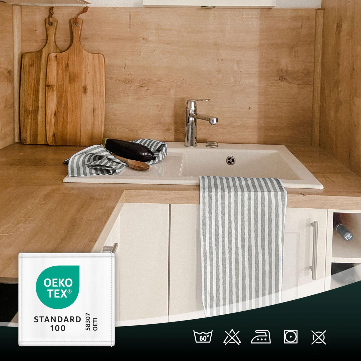 ZOLLNER 5er Set Geschirrtücher Baumwolle in 50x70 cm - saugstarke und langlebige Küchentücher - waschbar bis 60°C – in grau gestreift- Gastronomiequalität - Oeko Tex® Zertifiziert