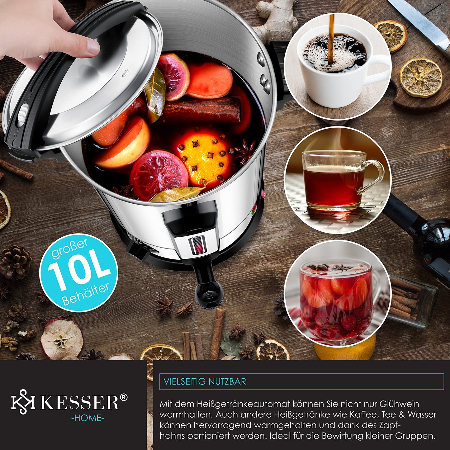 KESSER® Glühweinkessel 10L Edelstahl Inkl. 10x Becher Glühweinkocher mit Thermostat Glühweinautomat Heißgetränkeautomat Wasserkocher Heißwasserspender Einkochautomat Füllstandanzeige Zapfhahn