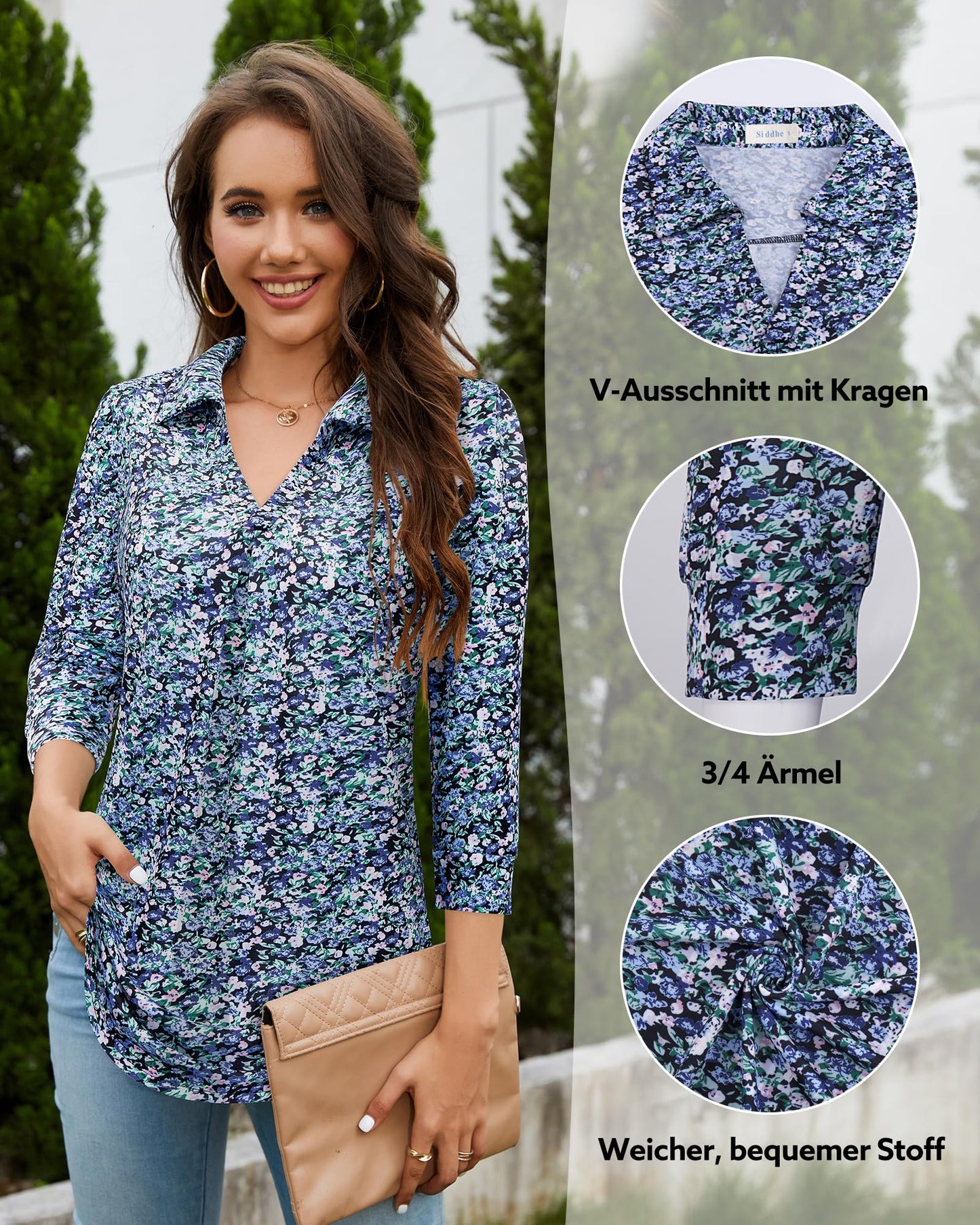 Siddhe Damen Bluse Elegant 3/4 Ärmel Oberteile V-Ausschnitt Große Größen Tunika Tops A-Linie Lockere Arbeits Longshirt Lässige Business Mode Hemd Büro Damenblusen, Blau Blumen 3XL