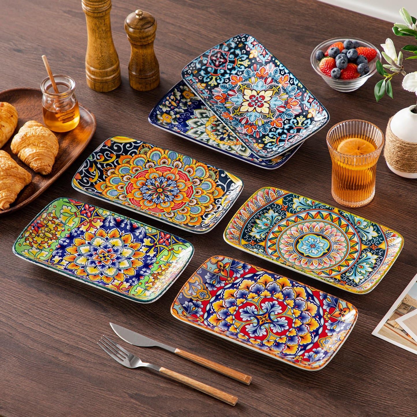 vancasso Servierplatten Porzellan, SIMI Rechteckige Teller Set, 6 teiligs Böhmischer Speiseteller, Dessertteller 6 Personen 24,7 x14,2 x H 3,1cm