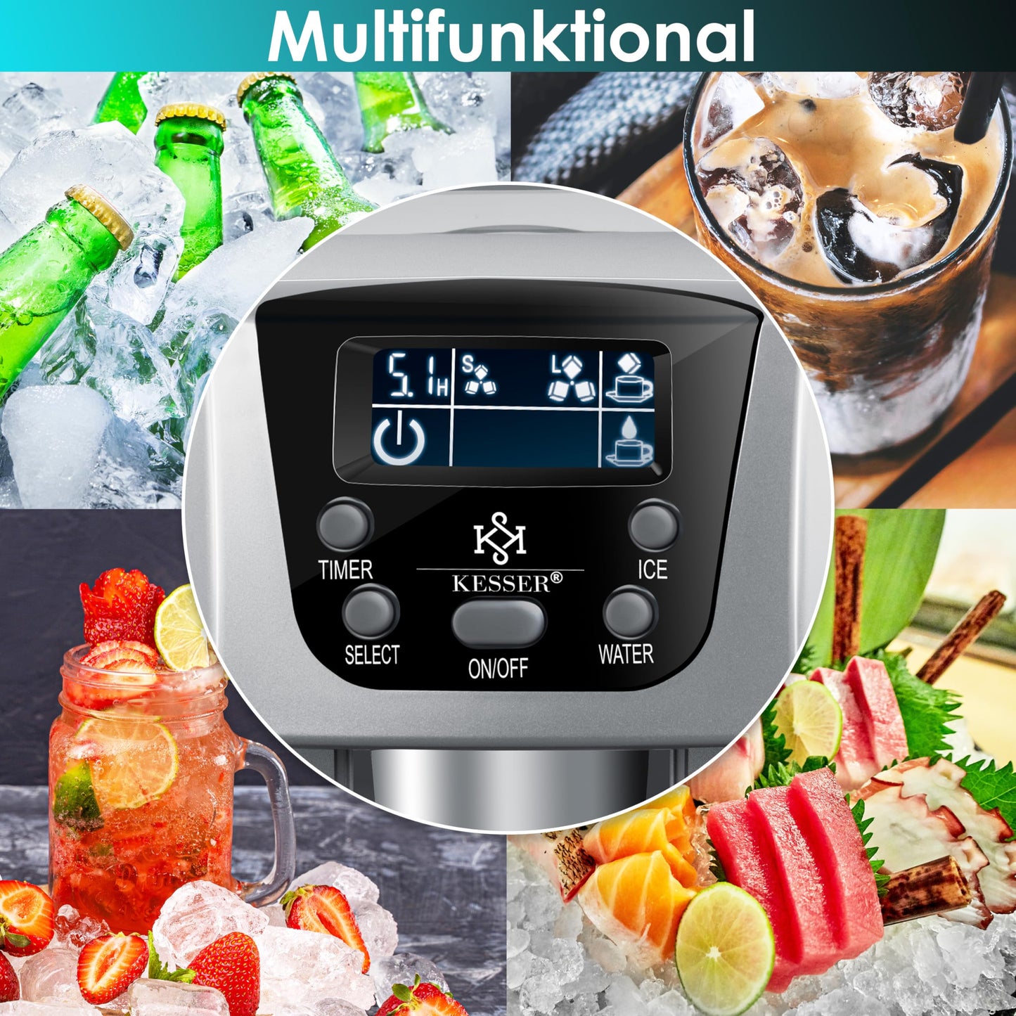 KESSER® Eiswürfelbereiter | Eiswürfelmaschine Edelstahl | 100W Ice Maker | 12 kg 24 h | 2 Würfelgrößen | Zubereitung in 6 min | 2 Liter Wassertank | Timer | LCD-Display | Wassertank, Silber