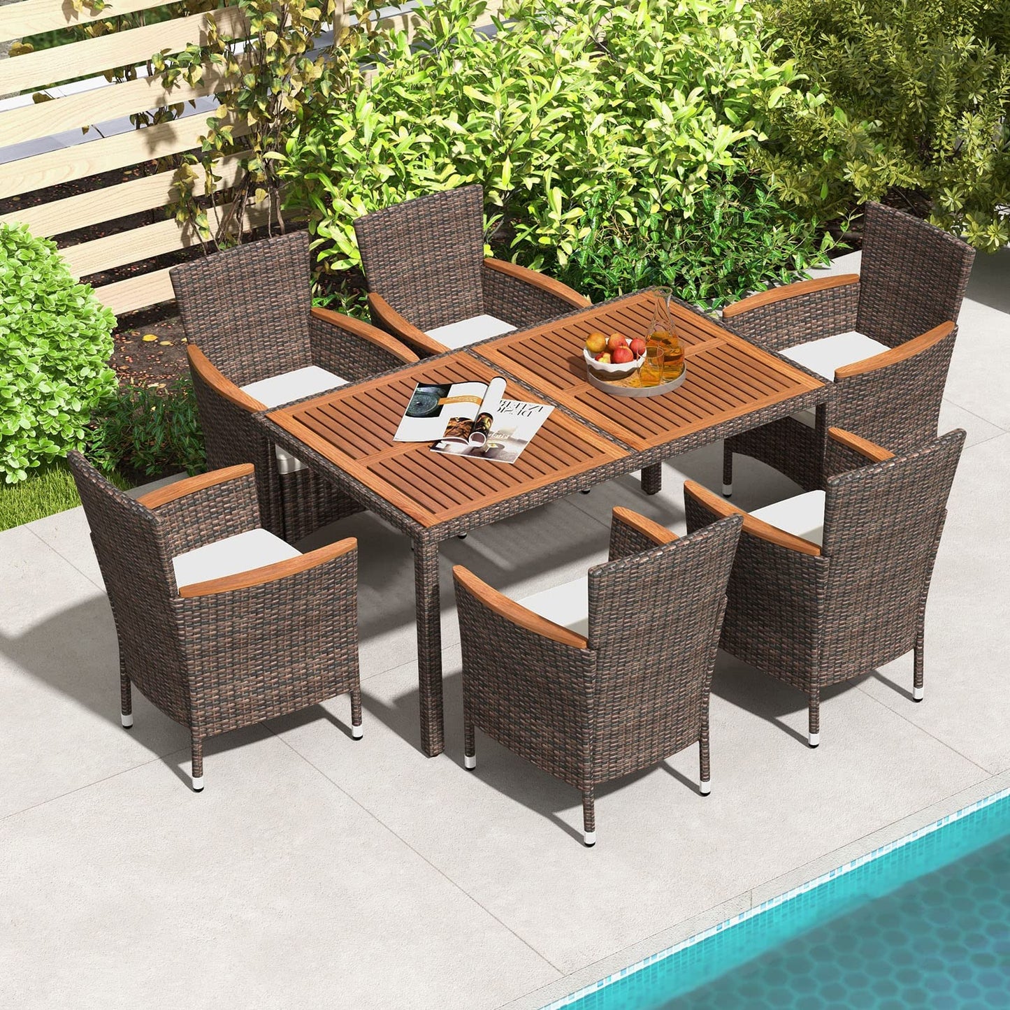 COSTWAY 7 TLG. Rattan Gartenmöbel Set, Sitzgruppe für 6 Personen, Gartentisch mit Tischplatte aus Akazienholz, 6 stapelbare Stühle & Kissen, Terrassenmöbel Set, Gartengarnitur, Sitzgarnitur, Essgruppe