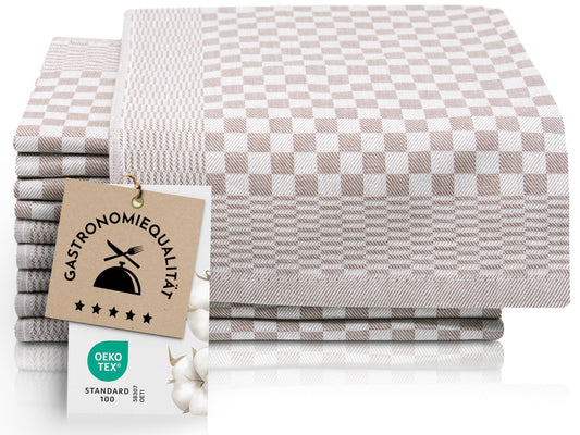ZOLLNER 10er Set Geschirrtücher Baumwolle in 46x70 cm - super saugstarke und robuste Küchentücher – waschbar bis 60°C – in braun kariert - Gastronomiequalität - Oeko Tex® Zertifiziert