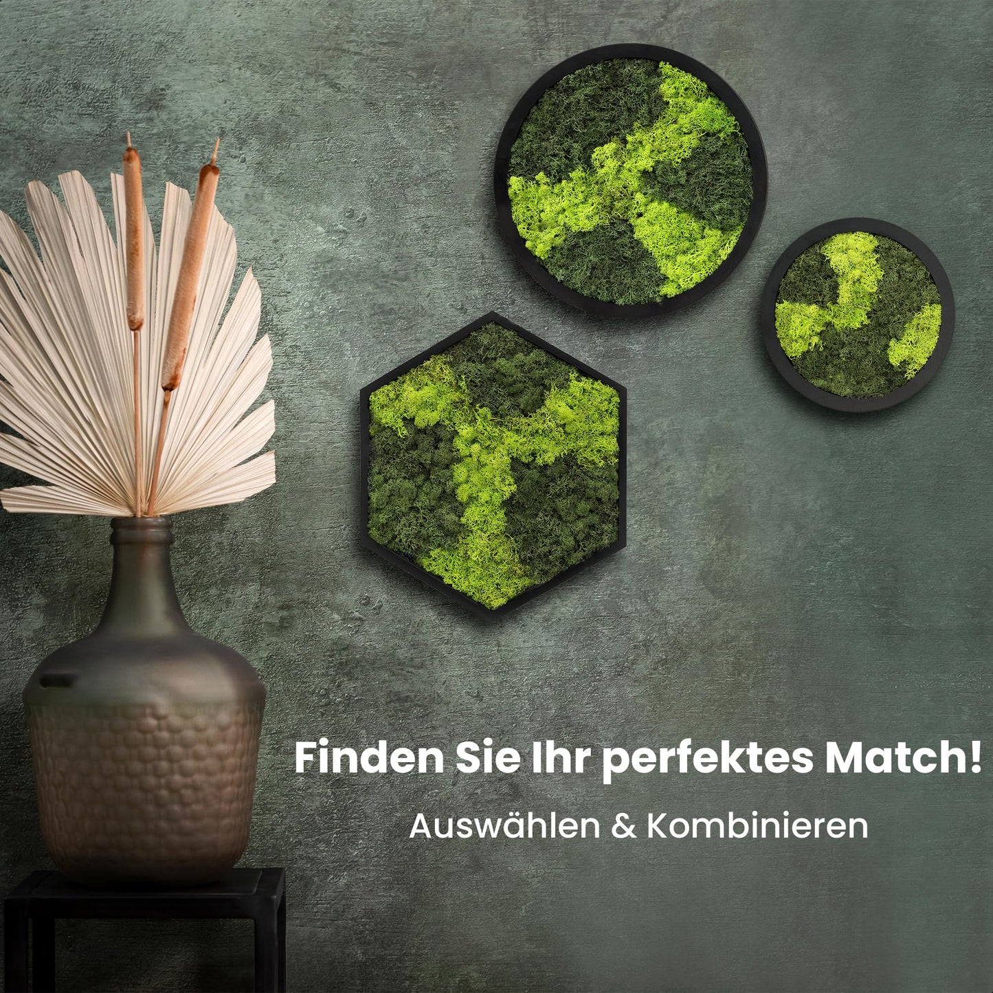 comforder Hexagon Wandbild mit echtem Moos (ø38 cm), Konserviertes Moosbild mit Holzrahmen, Natur Wanddeko fürs Wohnzimmer