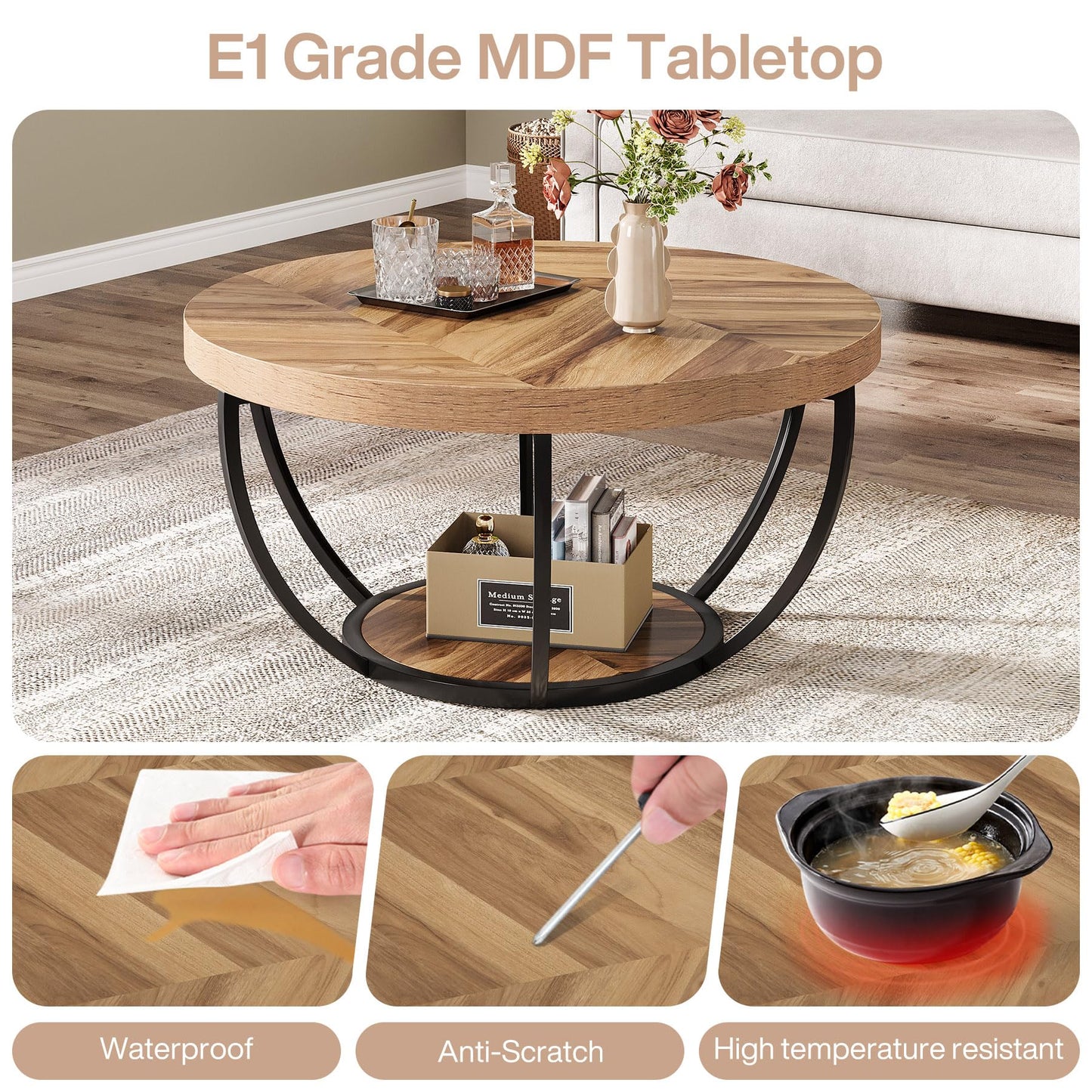 Tribesigns Runde Couchtisch, Industrial 2-Tier-Kreis Couchtisch mit Lagerung Regale, Moderne hölzerne Akzent Mitte Tisch Sofa Beistelltisch für Wohnzimmer, Home Office
