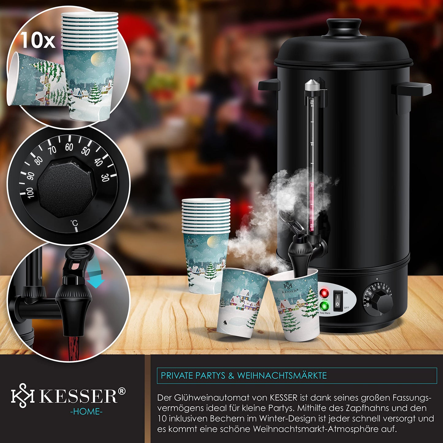 KESSER® Glühweinkessel 8L Edelstahl Inkl. 10x Becher Glühweinkocher mit Thermostat Glühweinautomat Heißgetränkeautomat Wasserkocher Heißwasserspender Einkochautomat Füllstandanzeige Zapfhahn Schwarz