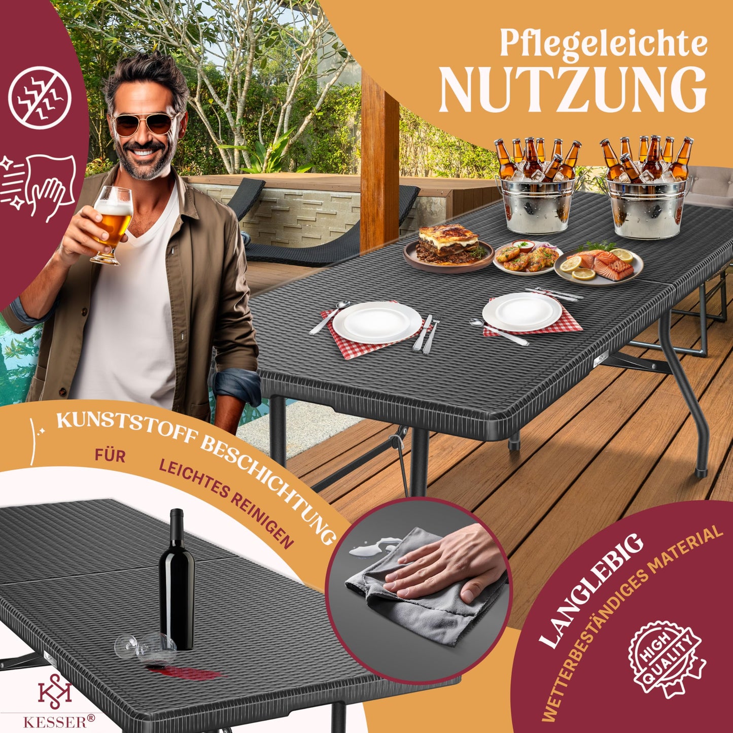 KESSER® Buffettisch Tisch klappbar Kunststoff 183x76 cm Rattan Optik Campingtisch Partytisch Klapptisch Gartentisch für Garten Terrasse und Balkon zusammenklappbar 6 Personen ink. Tragegriff Anthrazit