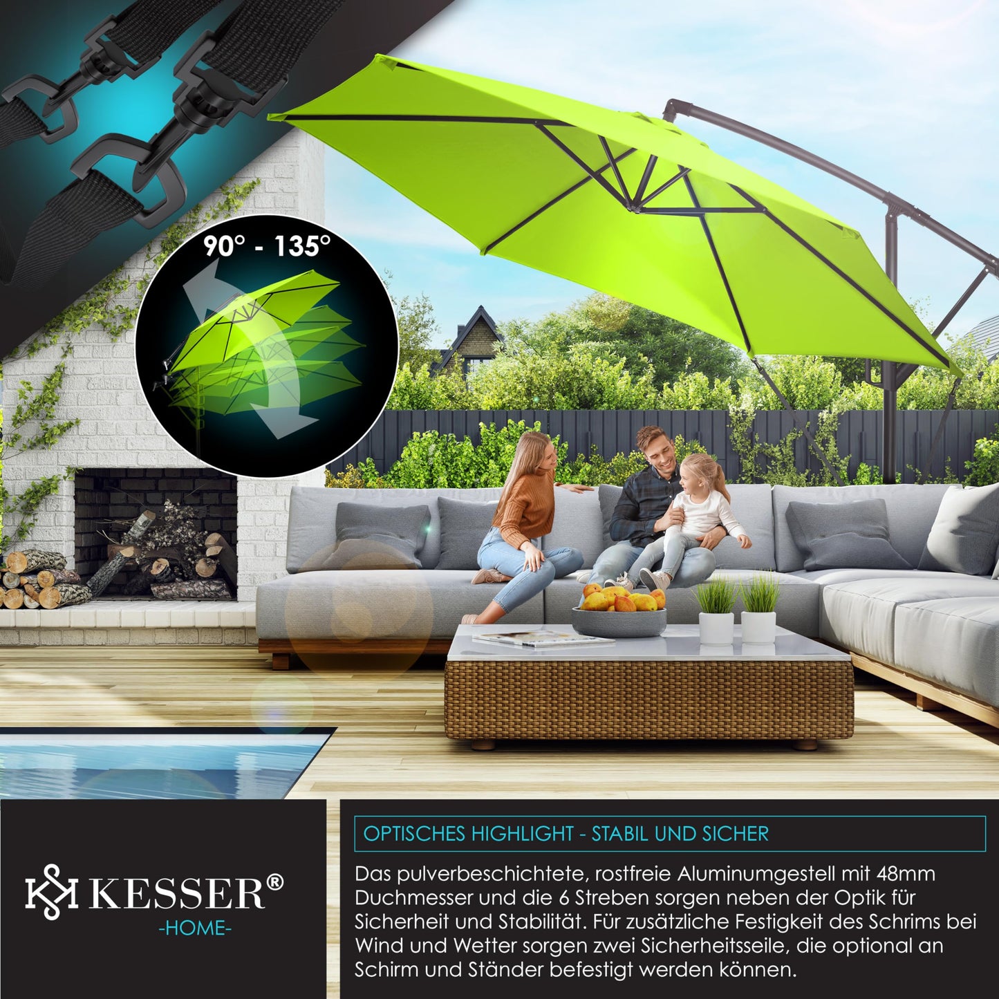 KESSER® Alu Ampelschirm Sonnenschirm + Abdeckung Ø350 cm & Kurbelvorrichtung Kurbelschirm mit Ständer UV-Schutz Aluminium Wasserabweisende Bespannung 360° Funktion Garten-Schirm Marktschirm Hellgrün