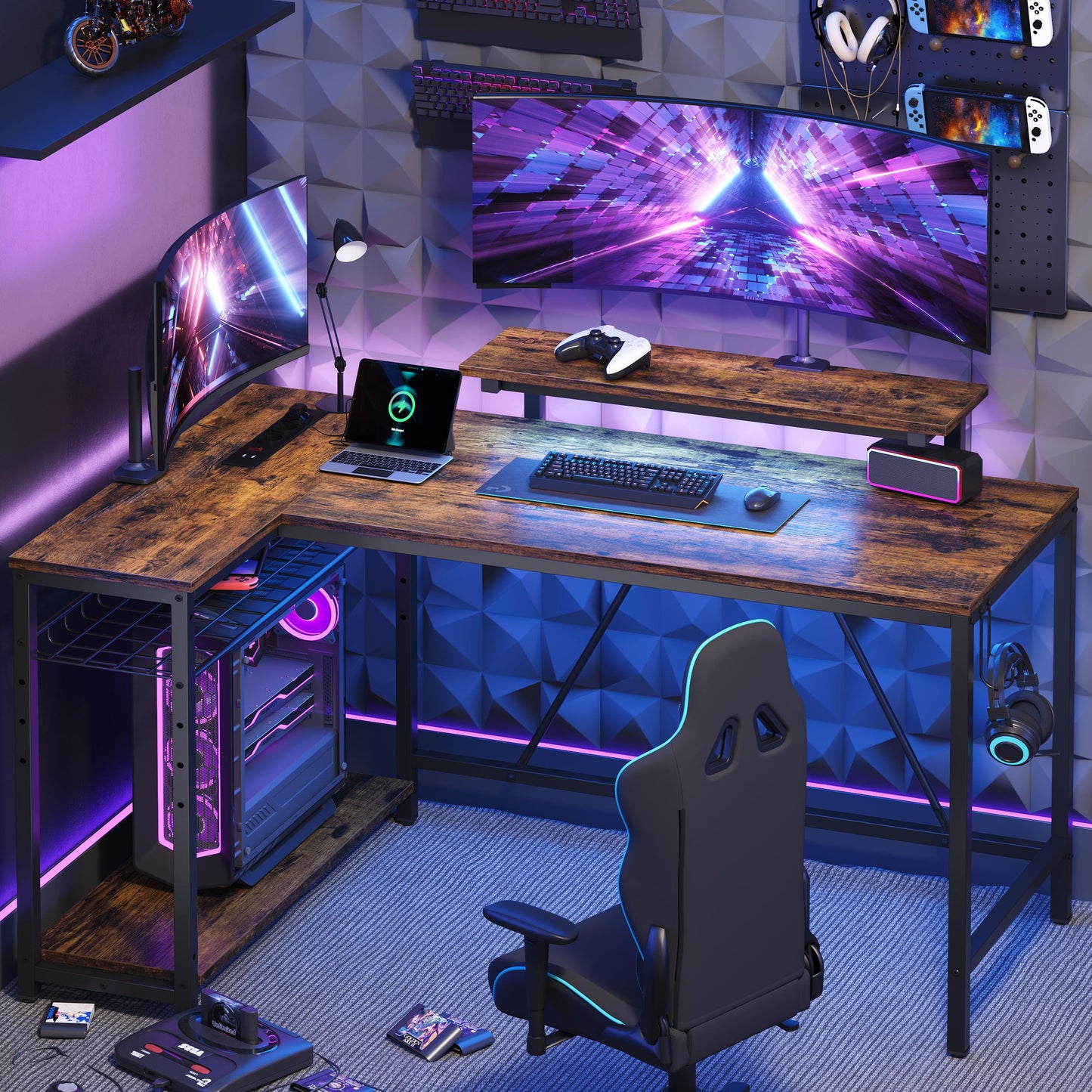 Bestier 132 cm L-förmiger Schreibtisch mit Steckdosen & LED-Beleuchtung, umkehrbarer Eckschreibtisch mit Regalen, großer PC-Arbeitsplatz mit Haken für Home Office und Schlafzimmer