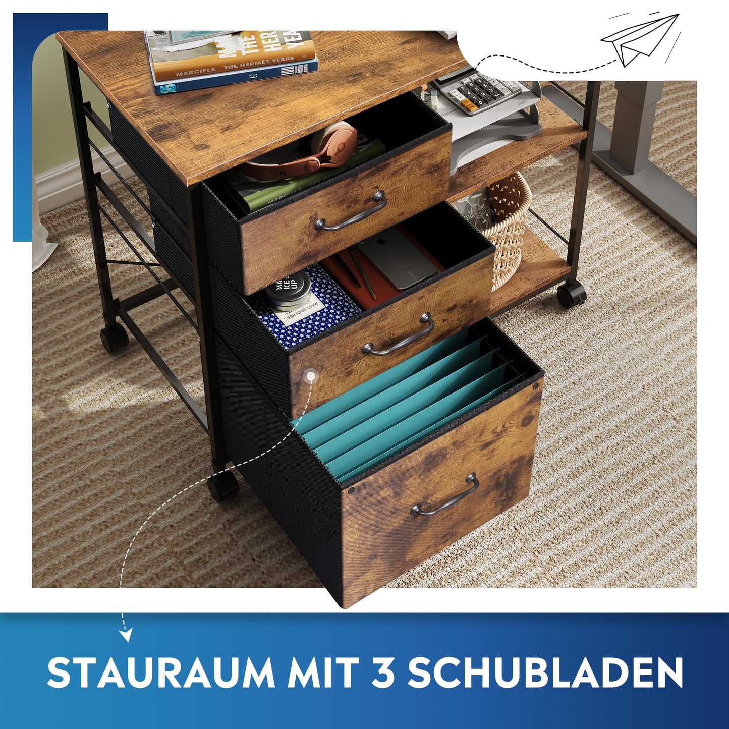 DEVAISE Rollcontainer, Aktenschrank mit 3 Stoffschubladen und 2 Offene Fächer, Büroschrank für Home-Office, Druckerständer, Vintagebraun