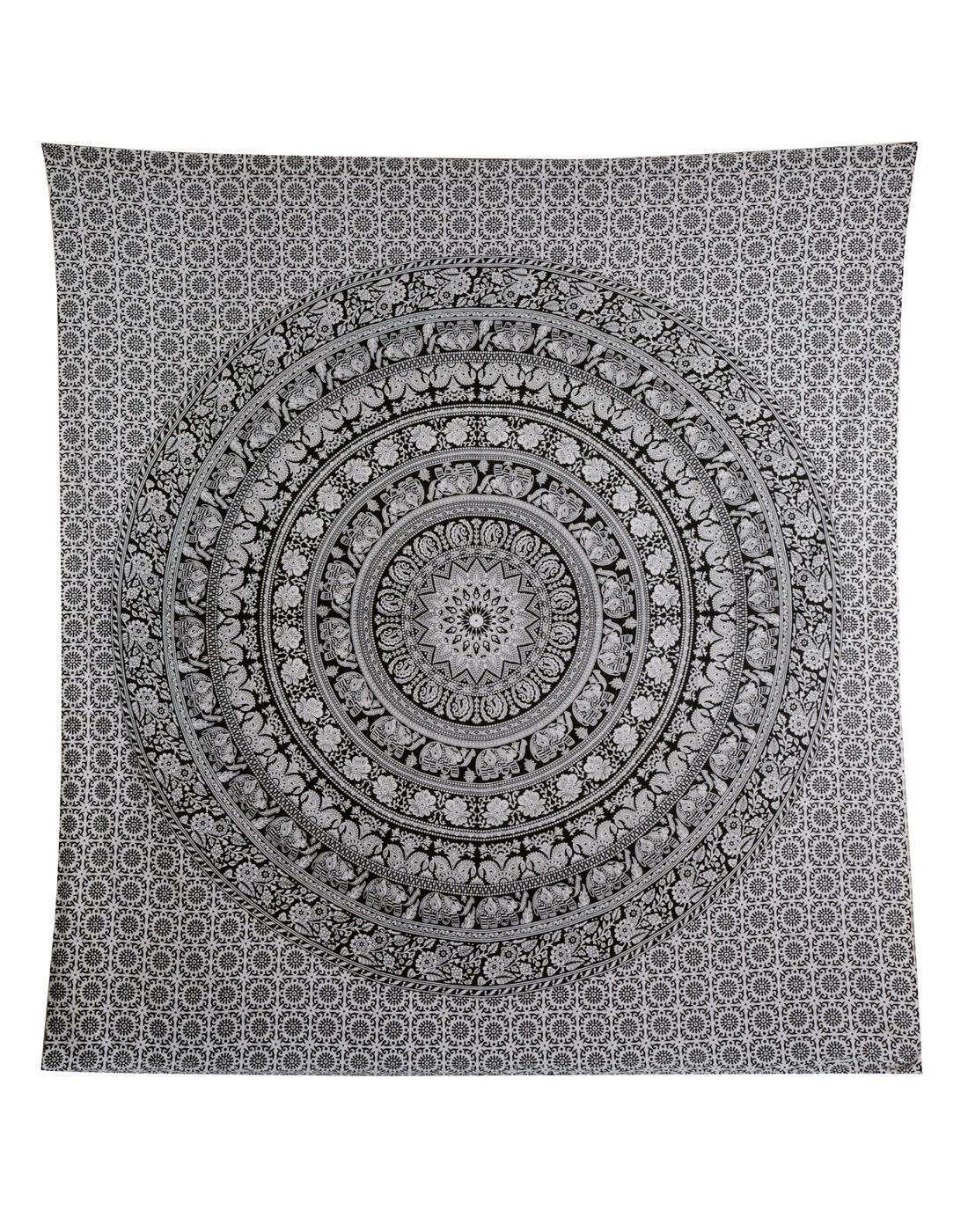 RAJRANG Baumwolle Elefant Mandala Tapisserie Wandbehang Deko Schwarz Weiß 230x213 cm