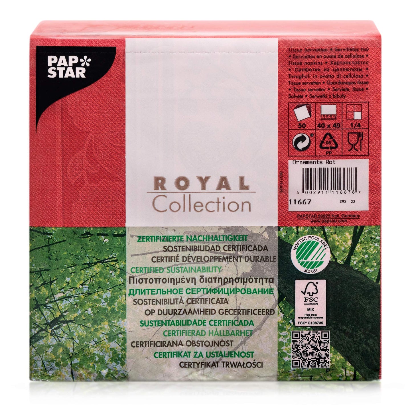 Papstar Servietten / Tissueservietten rot "Royal Collection", "Ornaments" (50 Stück) 40 x 40 cm, 1/4-Falz, für Gastronomie, Haushalt oder Feste, FSC-zertifiziert, Stoffoptik, #11667