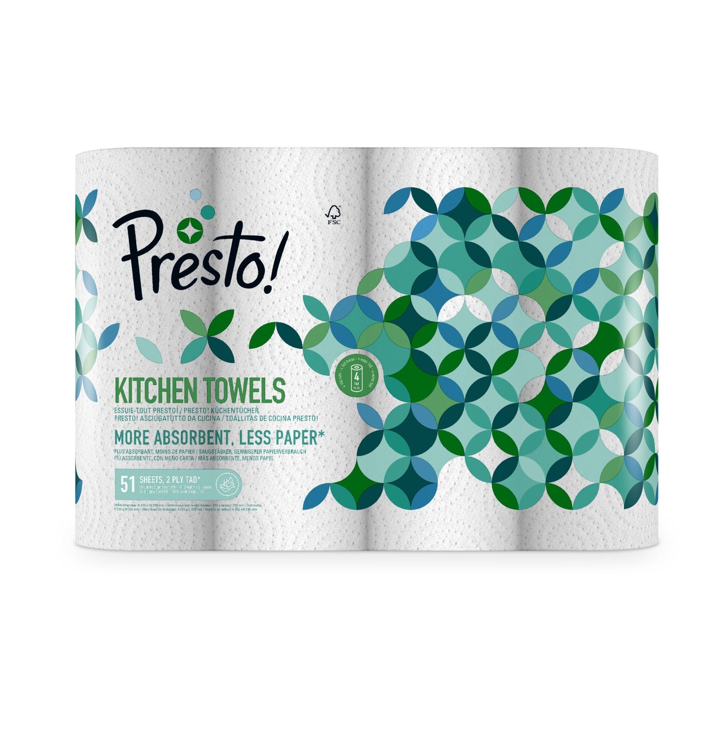 Amazon-Marke: Presto! TAD Küchenrolle, Extra Saugfähig, 32 Rollen (4 Rollen, 8-er Pack), 51 Blätter pro Rolle, Auswringen und Wiederverwenden, FSC-zertifiziert