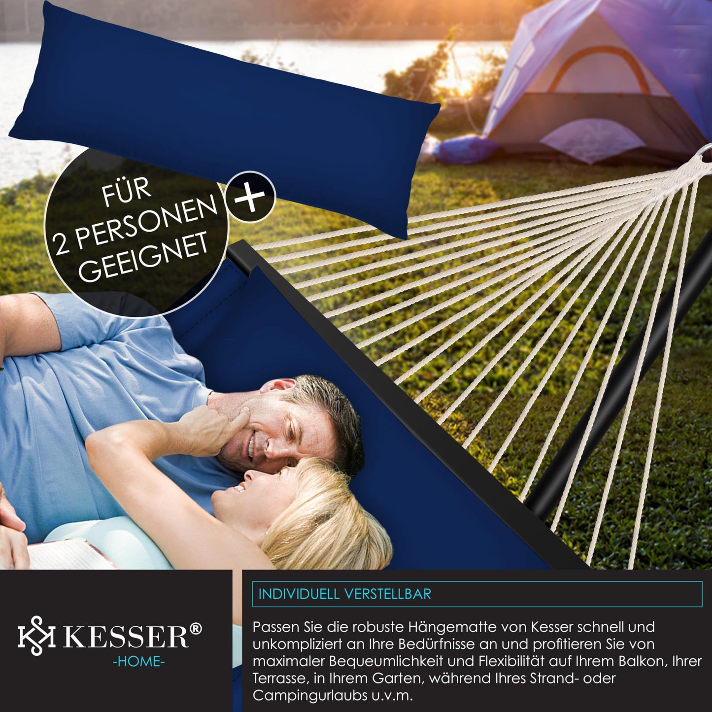 KESSER® Hängematte Hill mit Gestell Kissen Doppelhängematte für 2 Personen-Stabiler Rahmen 200kg Belastbarkeit Indoor & Outdoor XXL Hängesessel Doppel Mehrpersonen Garten Pool Balkon Terrasse Navy
