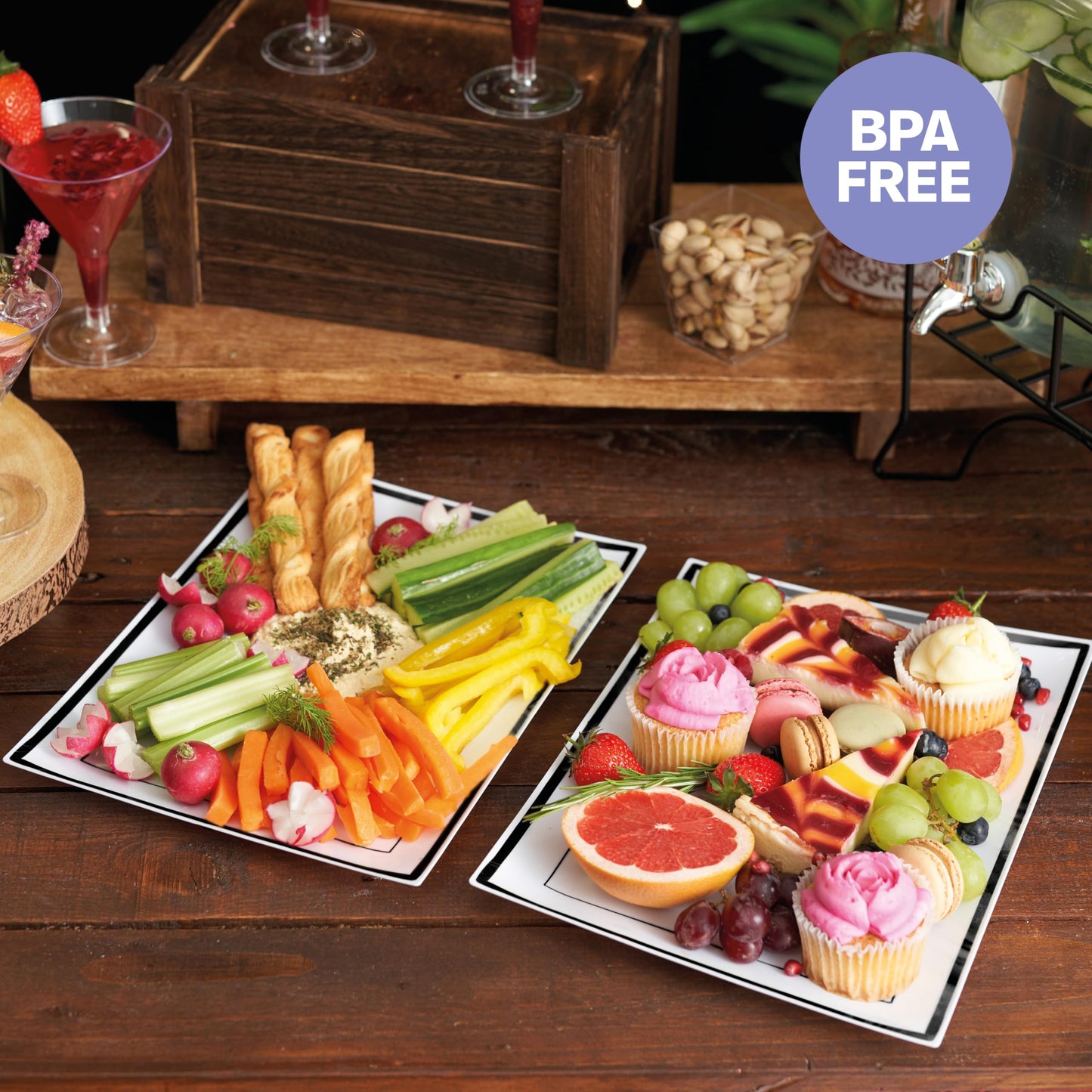 MATANA 6 Weiße Plastik Servierplatten mit Schwarzem Rand für Vorspeisen & Fingerfood - Catering, Buffets, Geburtstage, Hochzeiten & Partys - 30x22cm