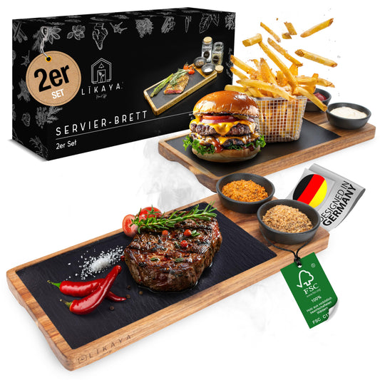 LIKAYA® Servierbrett 2er-Set 'LUIS' – FSC® Akazienholz & Schieferplatte mit Saucenschüsseln | Perfekt als Grillbrett, Steakbrett & Geschenk für Burger, Steak & Sushi
