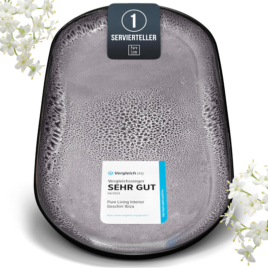 Servierplatte Steingut Ibiza - Hochwertige Mediterrane Servier Teller Groß - Spülmaschinen-, Mikrowellen- und Kratzfest - Serving Plate Oval, Servierteller Groß - Pure Living Geschirr in Grau