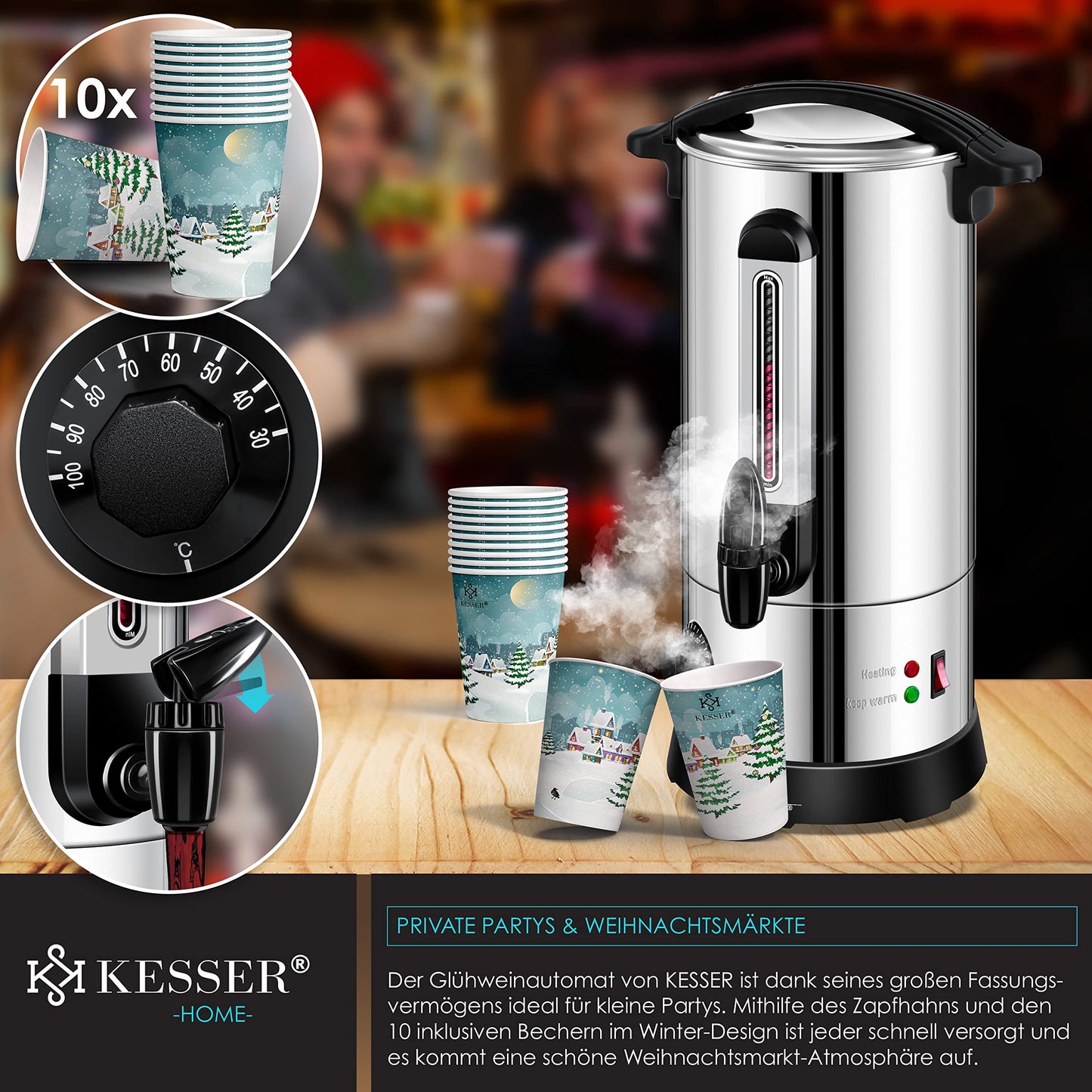 KESSER® Glühweinkessel 10L Edelstahl Inkl. 10x Becher Glühweinkocher mit Thermostat Glühweinautomat Heißgetränkeautomat Wasserkocher Heißwasserspender Einkochautomat Füllstandanzeige Zapfhahn
