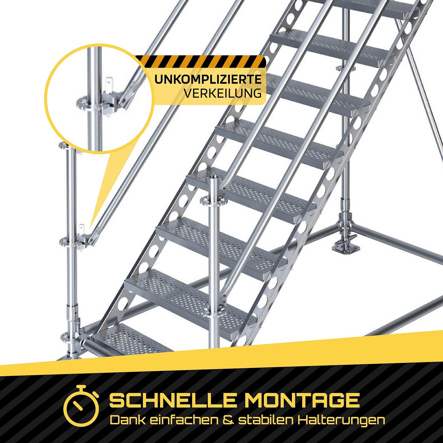 Scafom-rux Feuerverzinkte Bautreppe - [10 Stufen inkl. Geländer & Bausatz] Außentreppe - 2 Meter Höhe, 80 cm breit, Treppe außen - Stahltreppen für Gerüst & Garten - Aussentreppen Stahl